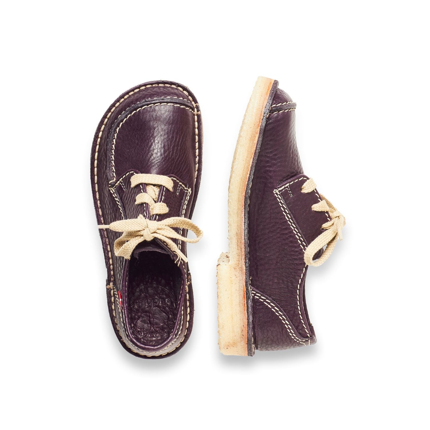 Duckfeet Svendborg Plum moc-toe leather derby shoe, top and inner side view on white background