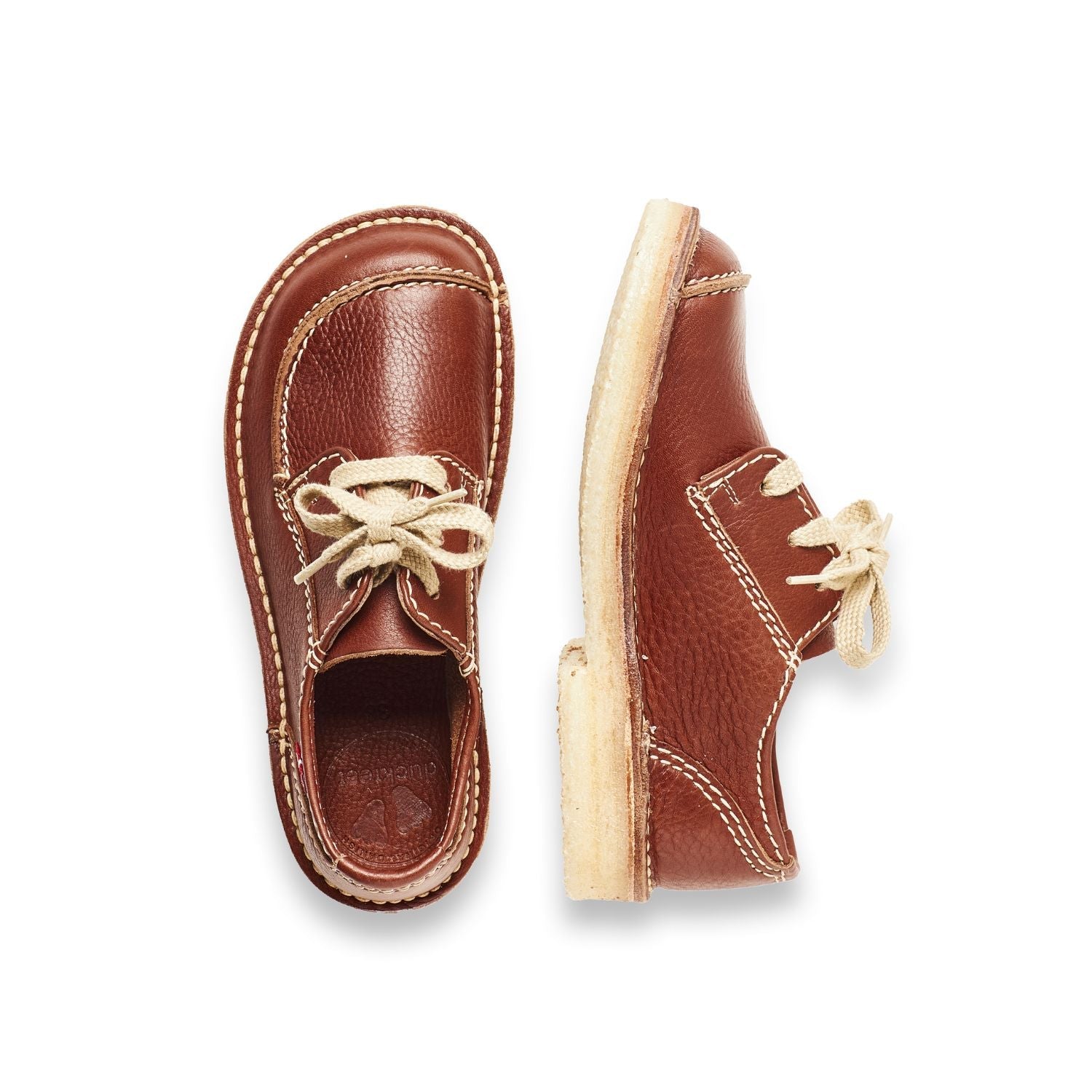 Duckfeet Svendborg Nut moc-toe leather derby shoe, top and inner side view on white background