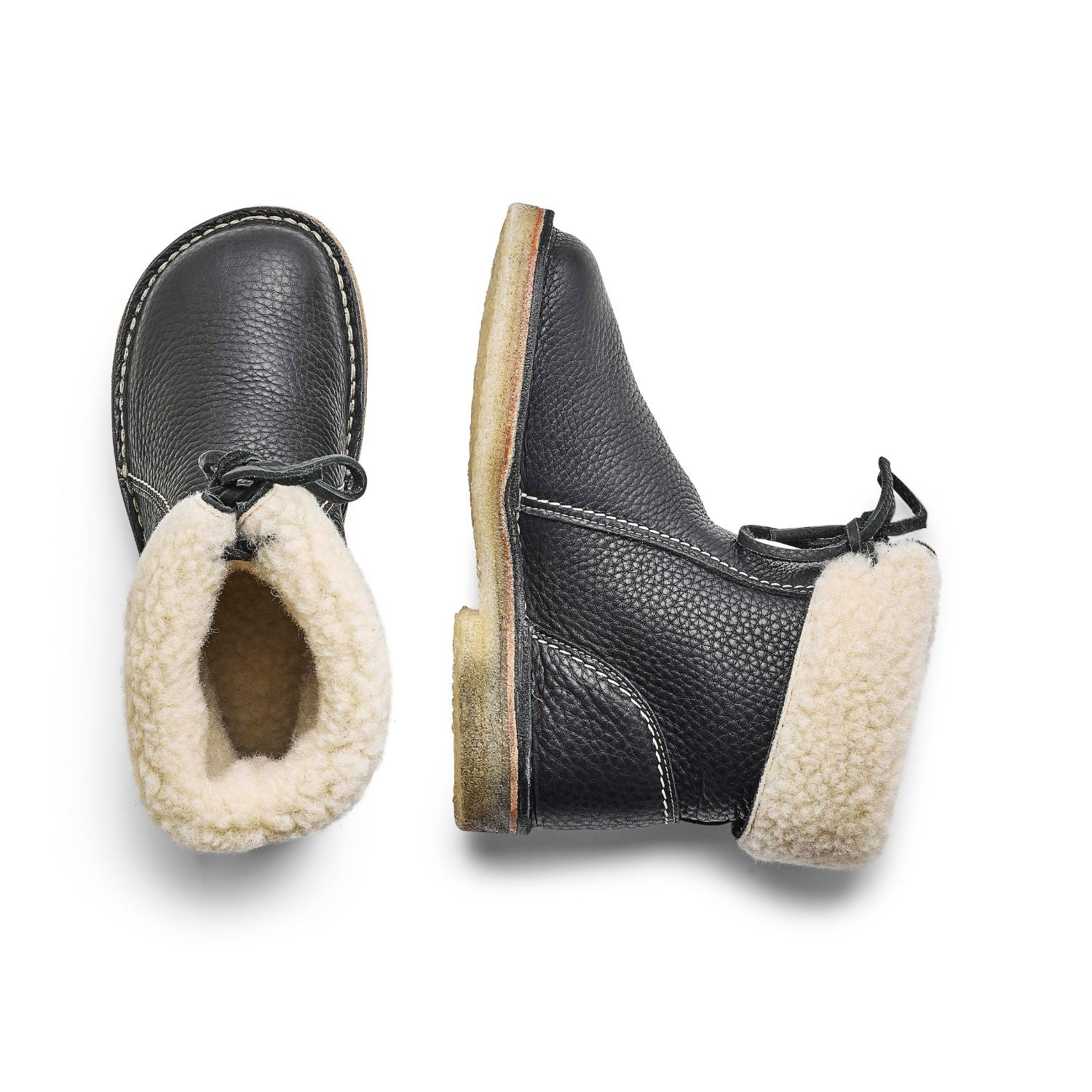 Duckfeet Århus Black wool-lined pull-on leather boot, top and inner side view on white background