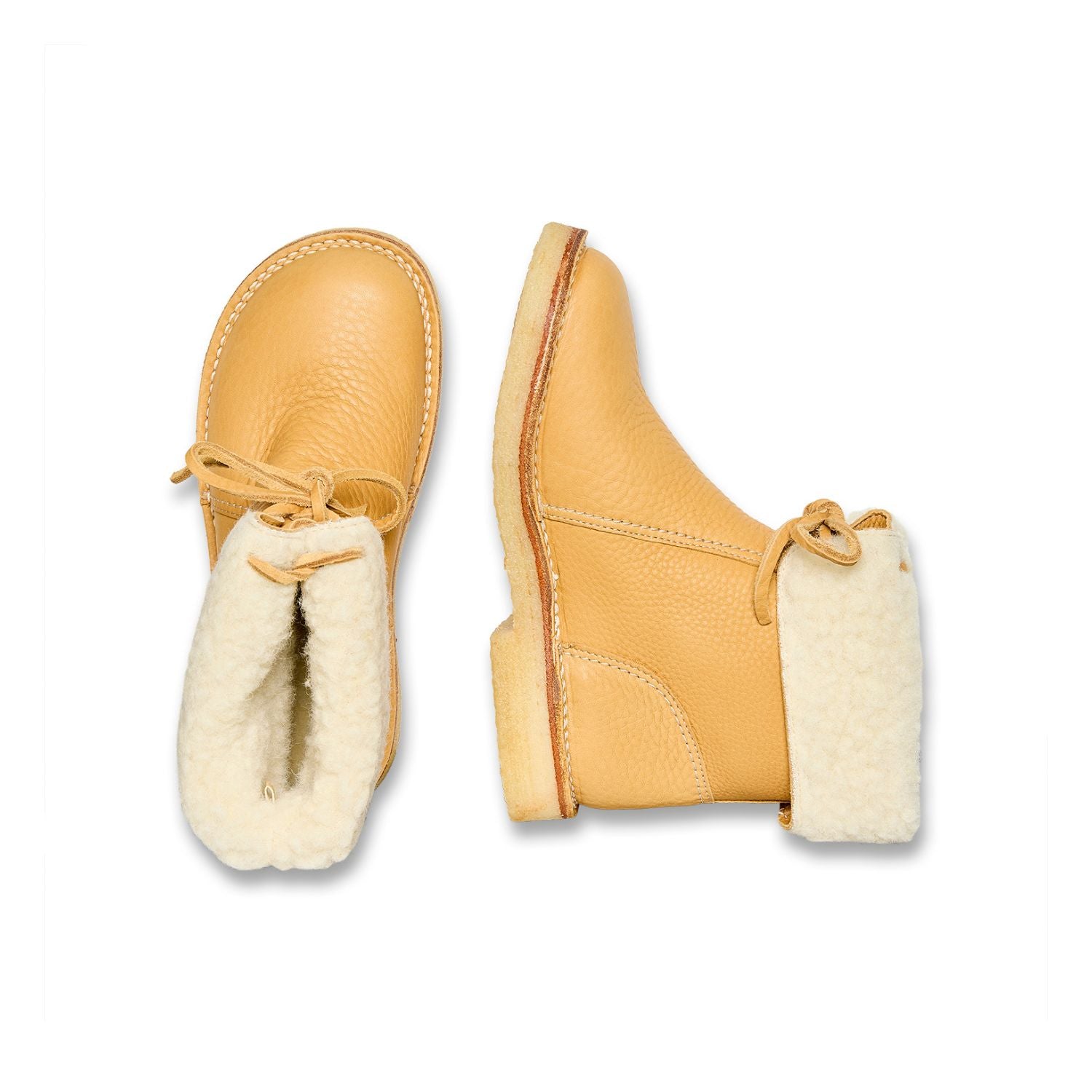 Duckfeet Århus Honey wool-lined pull-on leather boot, top and inner side view on white background