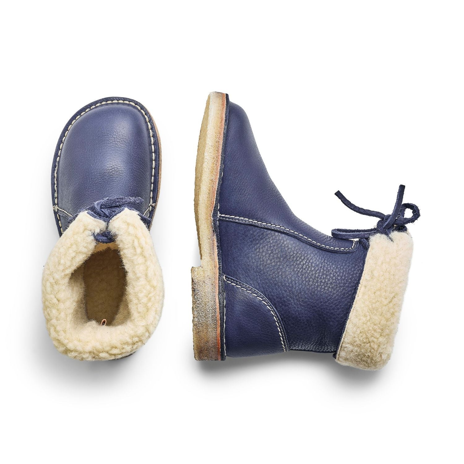 Duckfeet Århus Royal Blue wool-lined pull-on leather boot, top and inner side view on white background