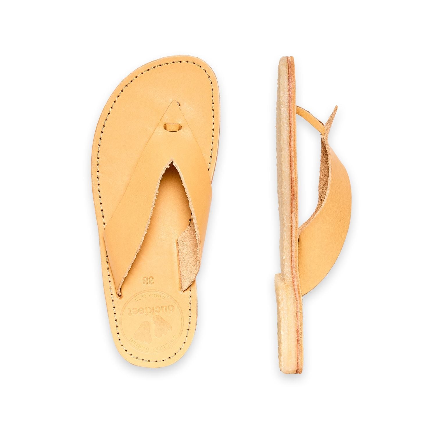Duckfeet Ærø Bio toe-post leather sandal, top and inner side view on white background