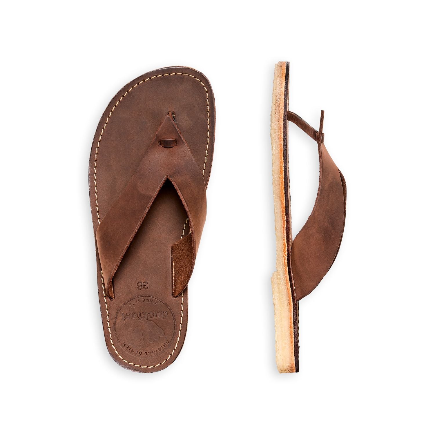 Duckfeet Ærø Cocoa toe-post leather sandal, top and inner side view on white background
