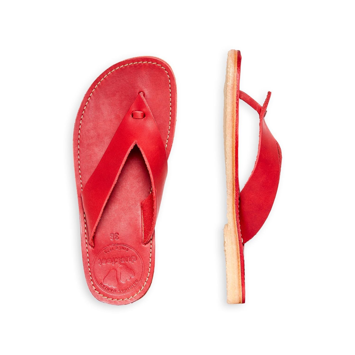Duckfeet Ærø Granate toe-post leather sandal, top and inner side view on white background