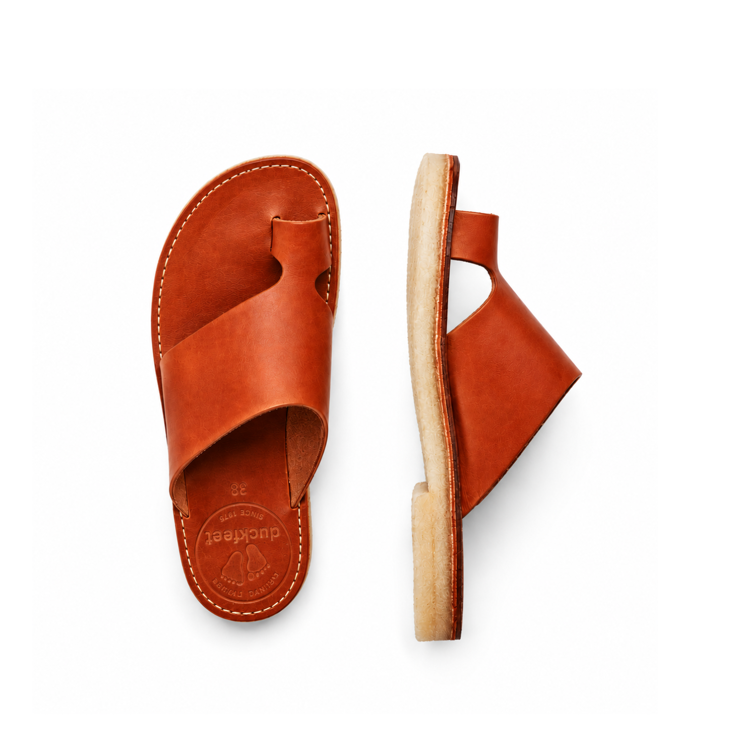 Duckfeet Mandø Brown toe-loop leather sandal, top and inner side view on white background