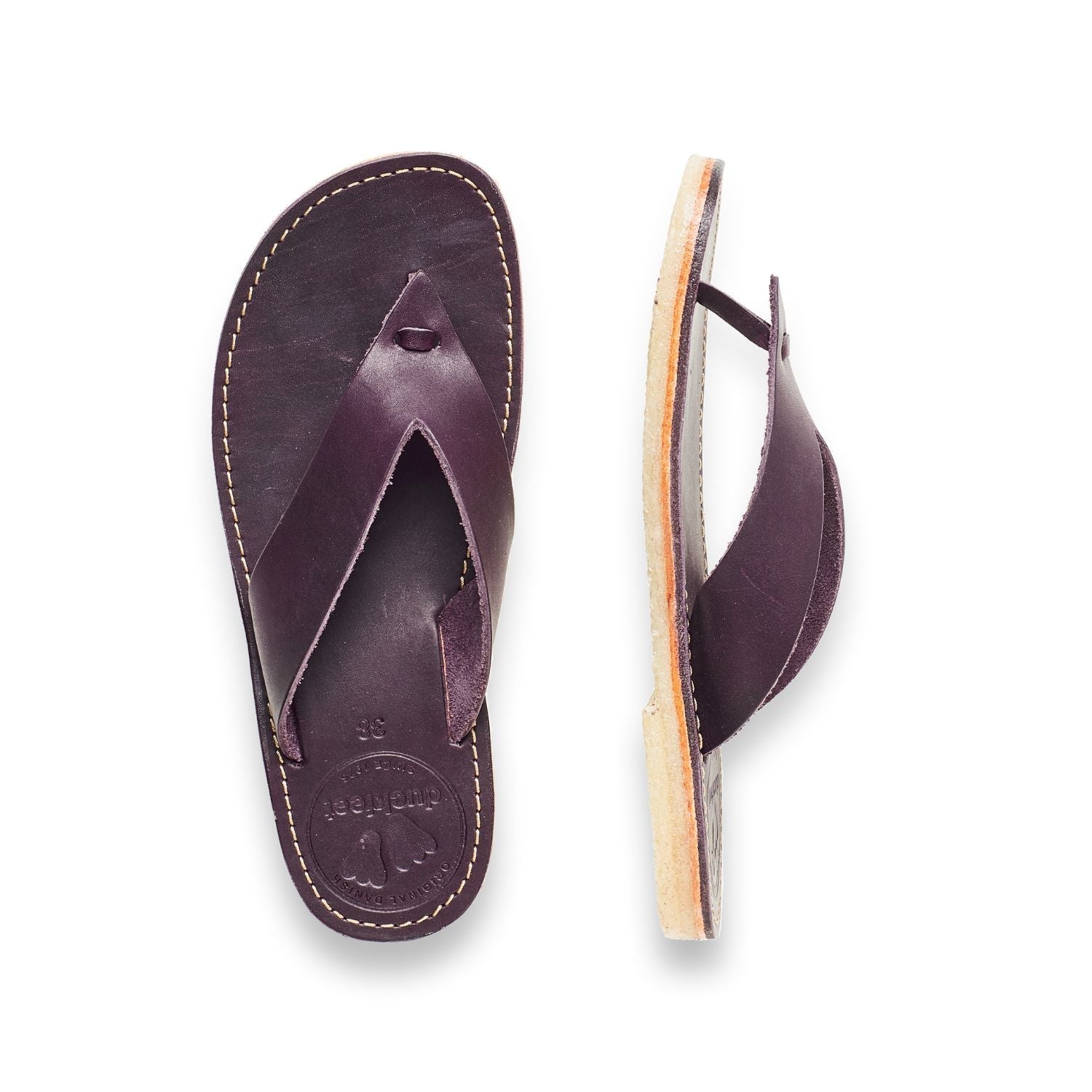 Duckfeet Ærø Plum toe-post leather sandal, top and inner side view on white background