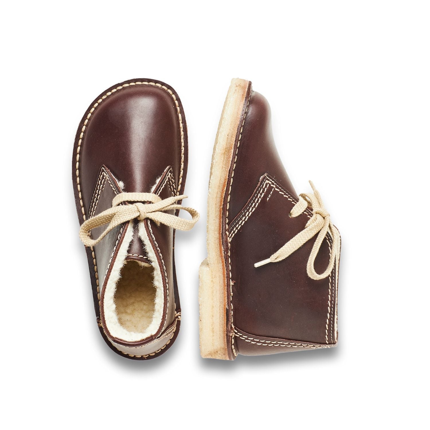 Duckfeet Aalborg Choco wool-lined leather ankle boot, top and inner side view on white background