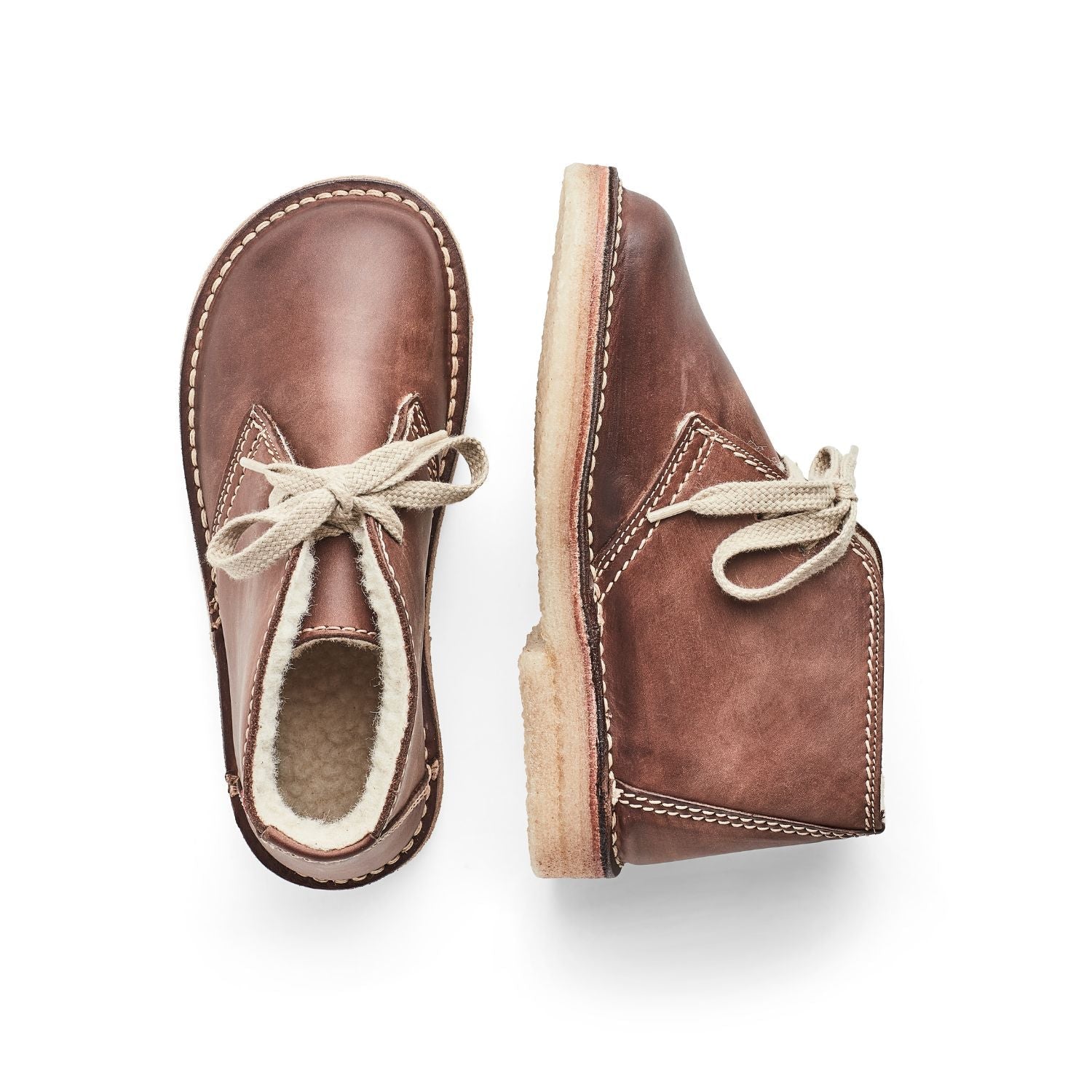 Duckfeet Aalborg Cocoa wool-lined leather ankle boot, top and inner side view on white background