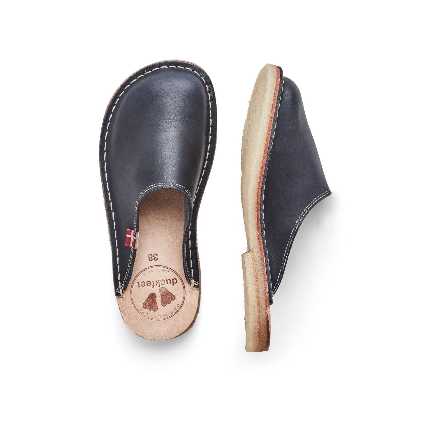 Duckfeet Blåvand Blue leather slipper, top and inner side view on white background