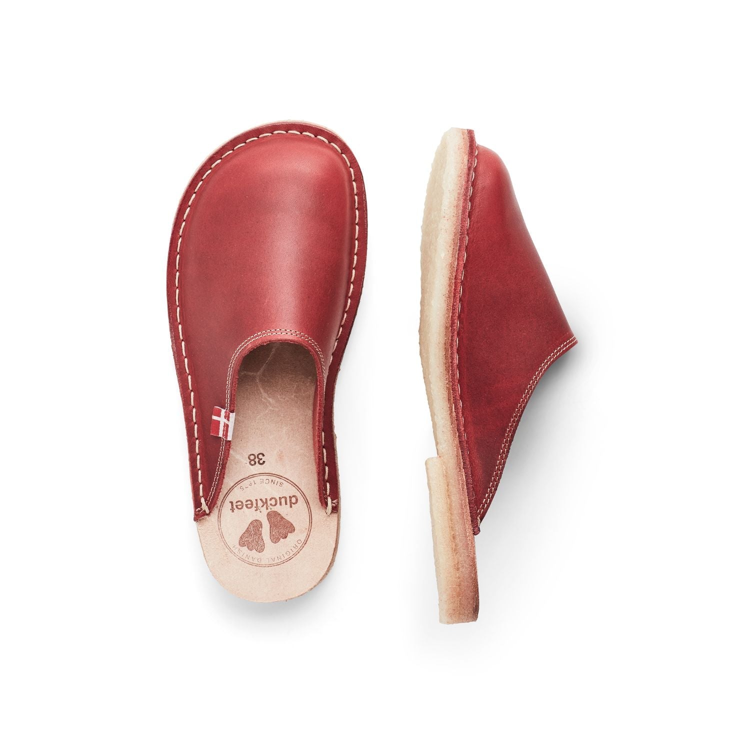 Duckfeet Blåvand Granate leather slipper, top and inner side view on white background