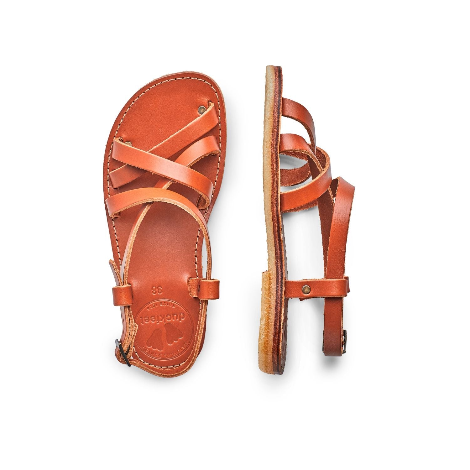 Duckfeet Bornholm Brown strappy leather sandal, top and inner side view on white background