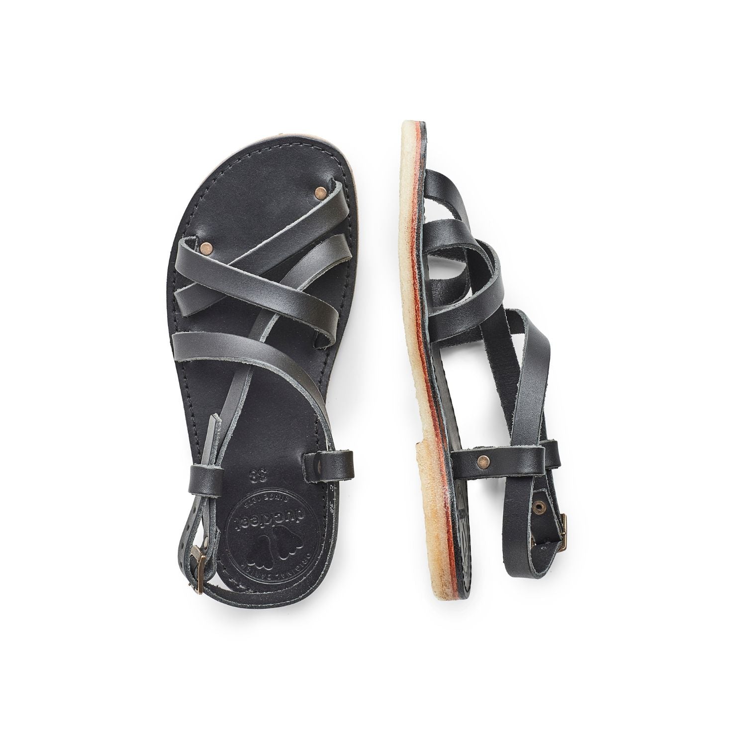 Duckfeet Bornholm Black strappy leather sandal, top and inner side view on white background