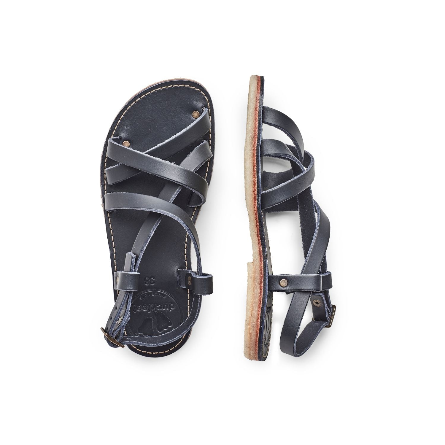 Duckfeet Bornholm Blue strappy leather sandal, top and inner side view on white background