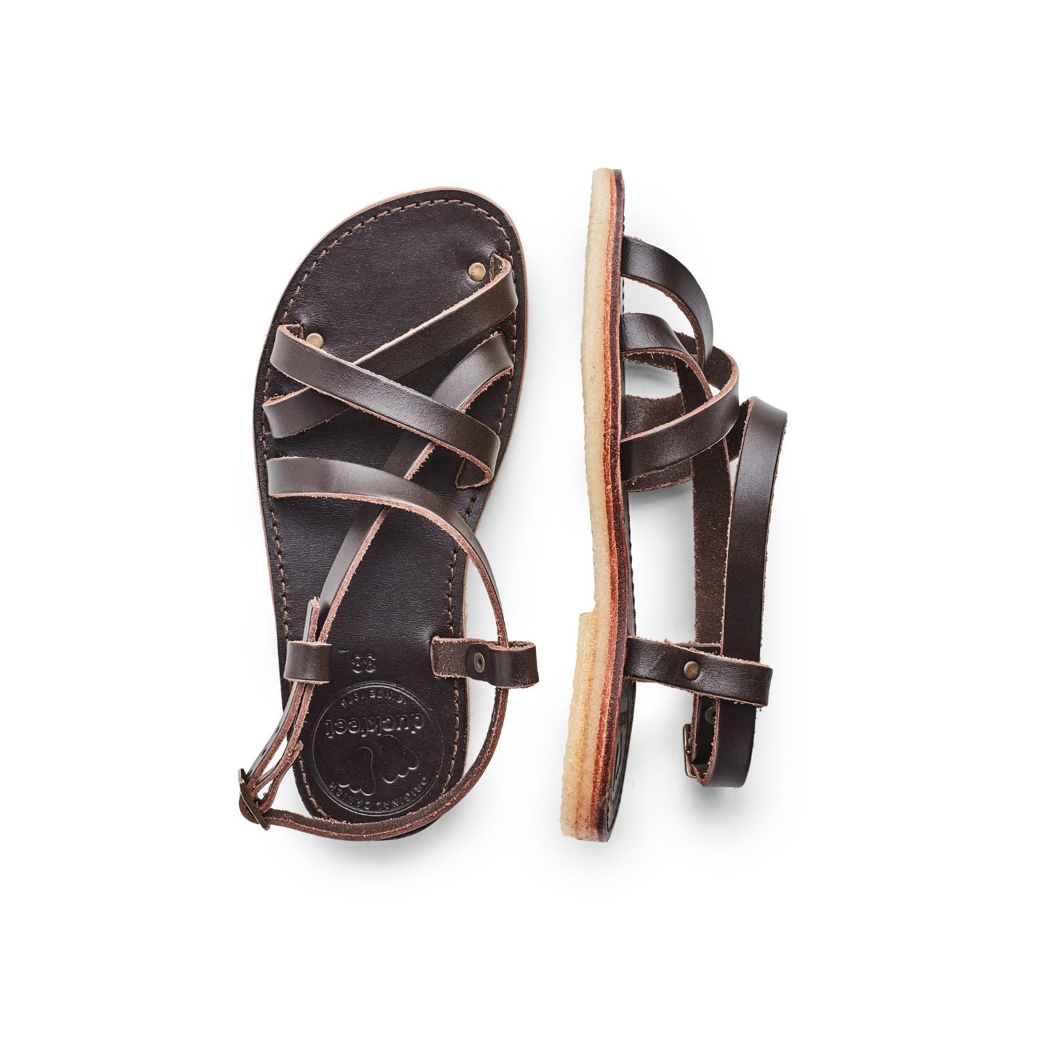 Duckfeet Bornholm Choco strappy leather sandal, top and inner side view on white background