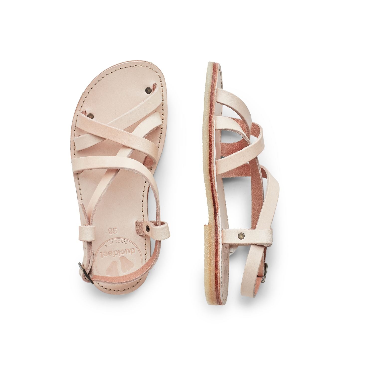 Duckfeet Bornholm Cream strappy leather sandal, top and inner side view on white background