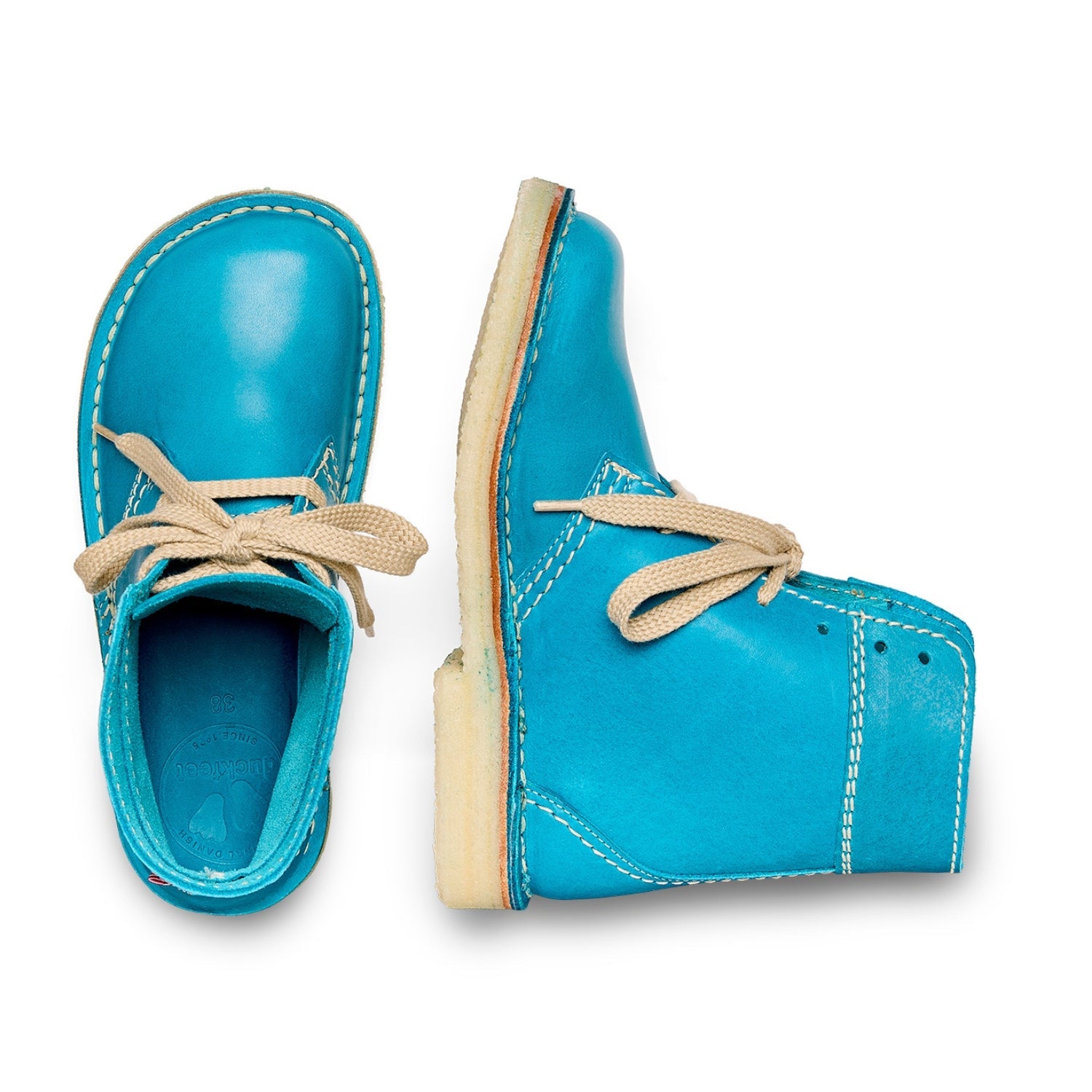 Duckfeet Fåborg Aqua Blue lace-up leather boot, top and inner side view on white background