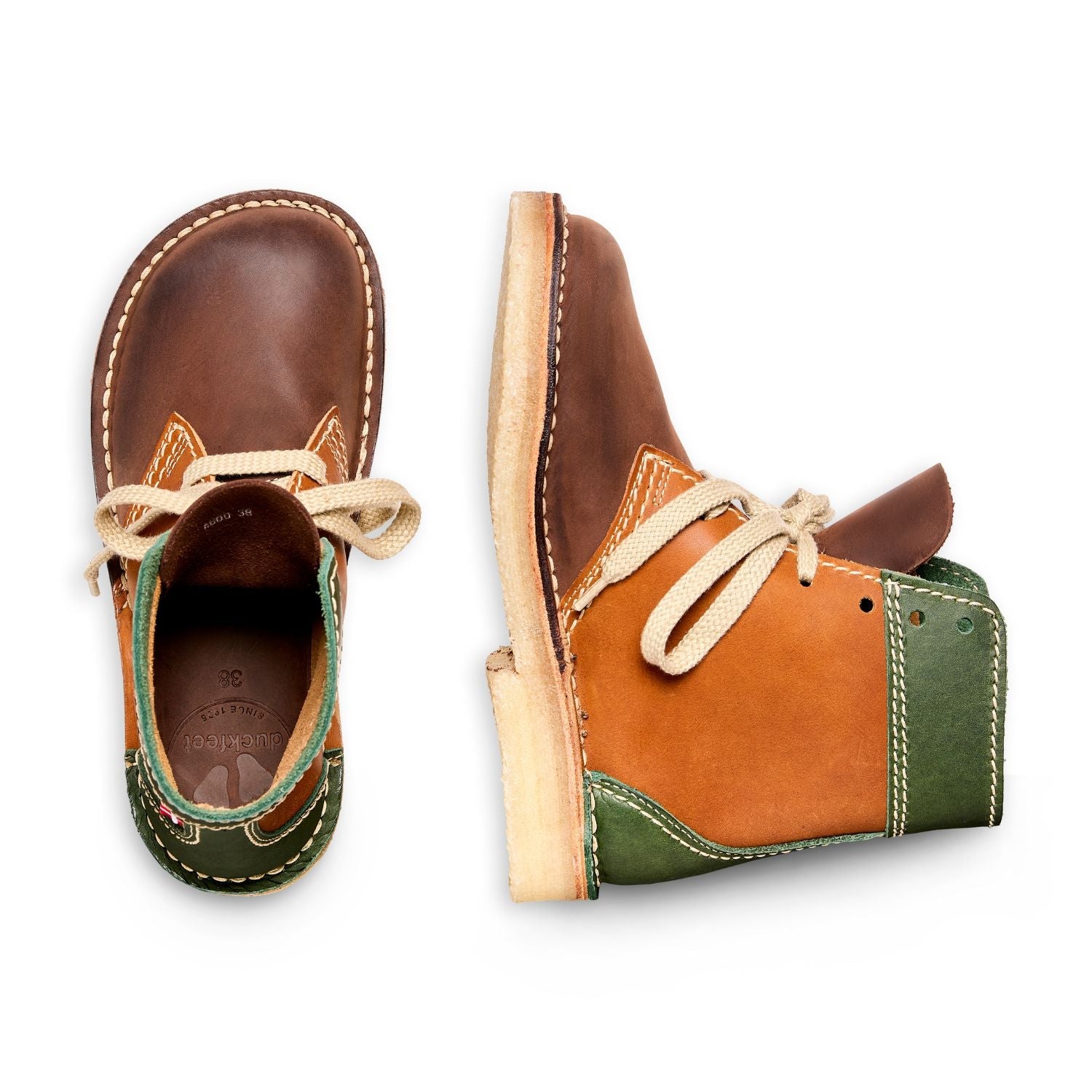 Duckfeet Fåborg Green / Brown / Cocoa lace-up leather boot, top and inner side view on white background