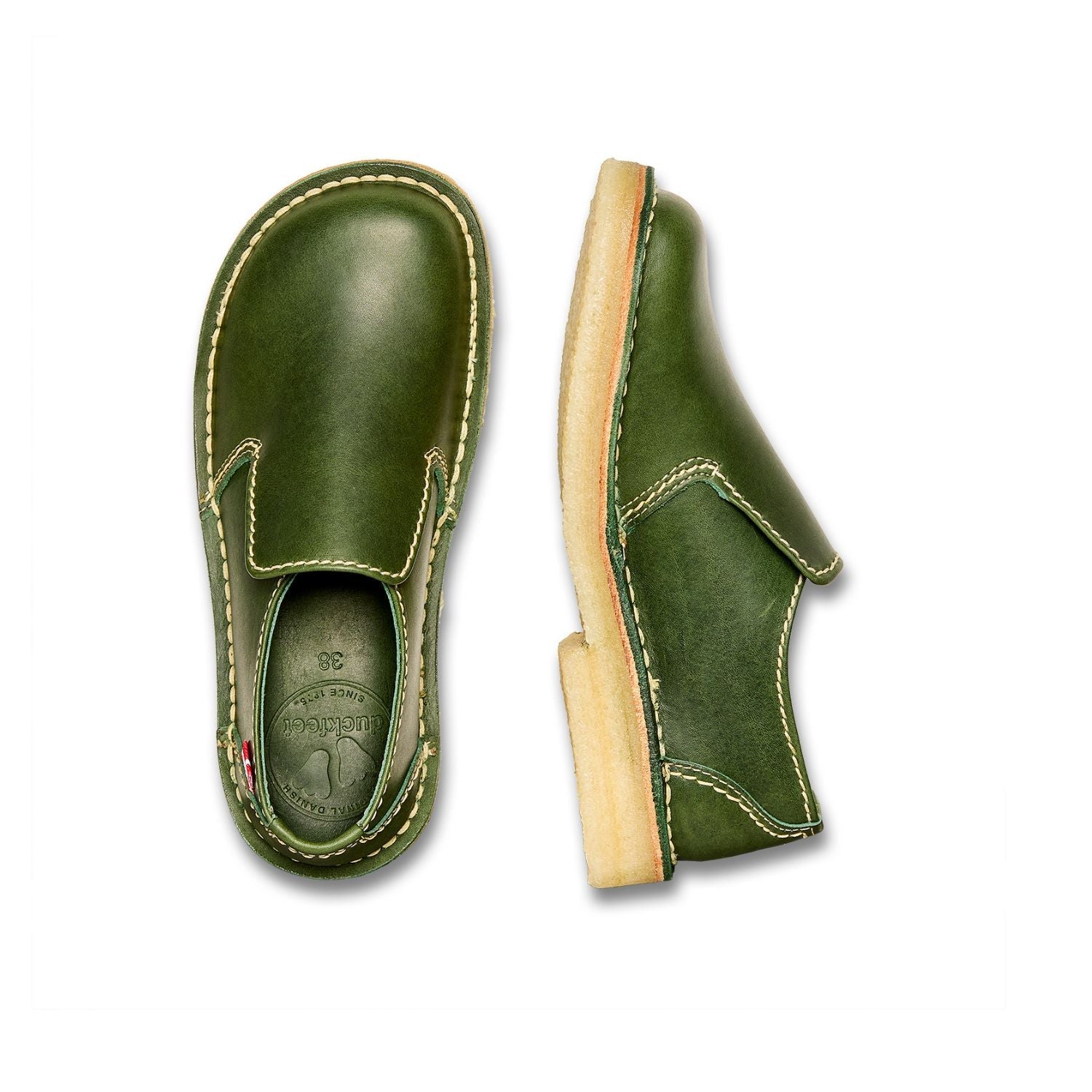 Duckfeet Falster Forest slip-on leather shoe, top and inner side view on white background
