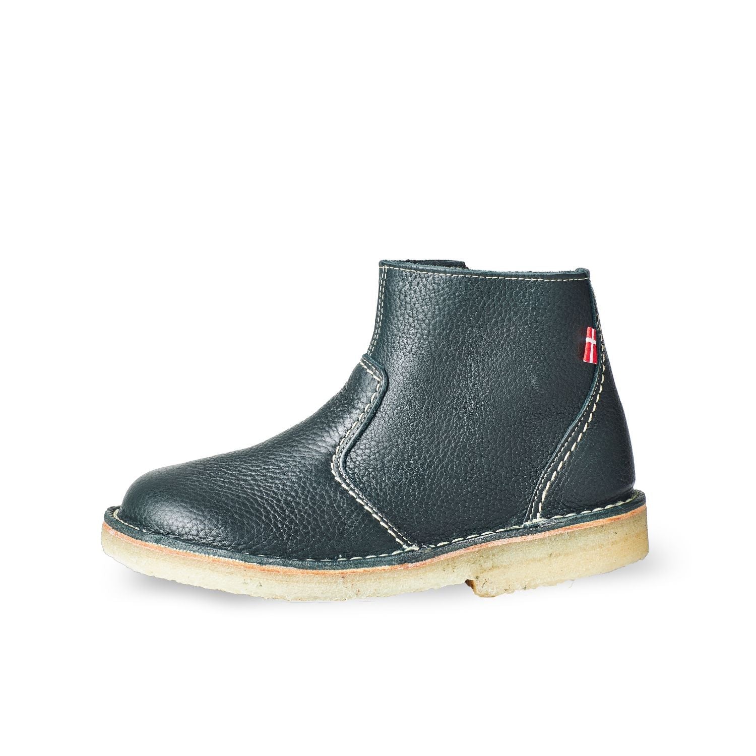 Duckfeet Fredericia Green zip-up leather ankle boot, outer side view on white background