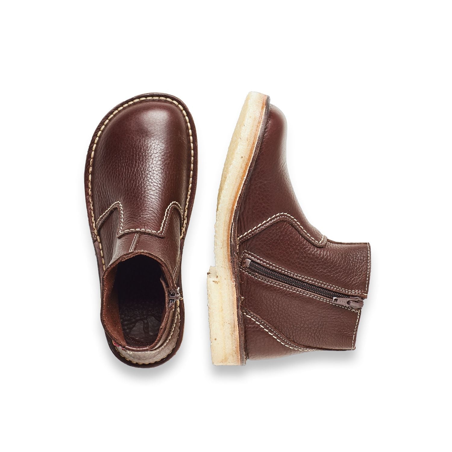 Duckfeet Fredericia Choco zip-up leather ankle boot, top and inner side view on white background
