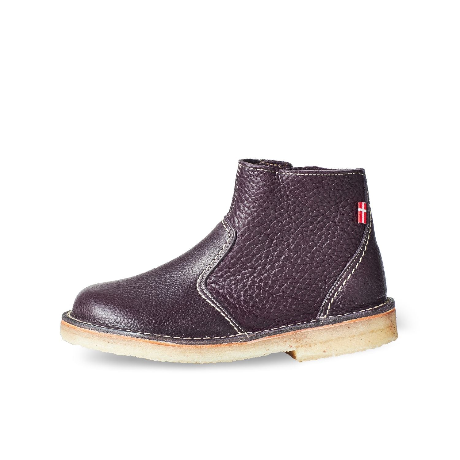 Duckfeet Fredericia Plum zip-up leather ankle boot, outer side view on white background