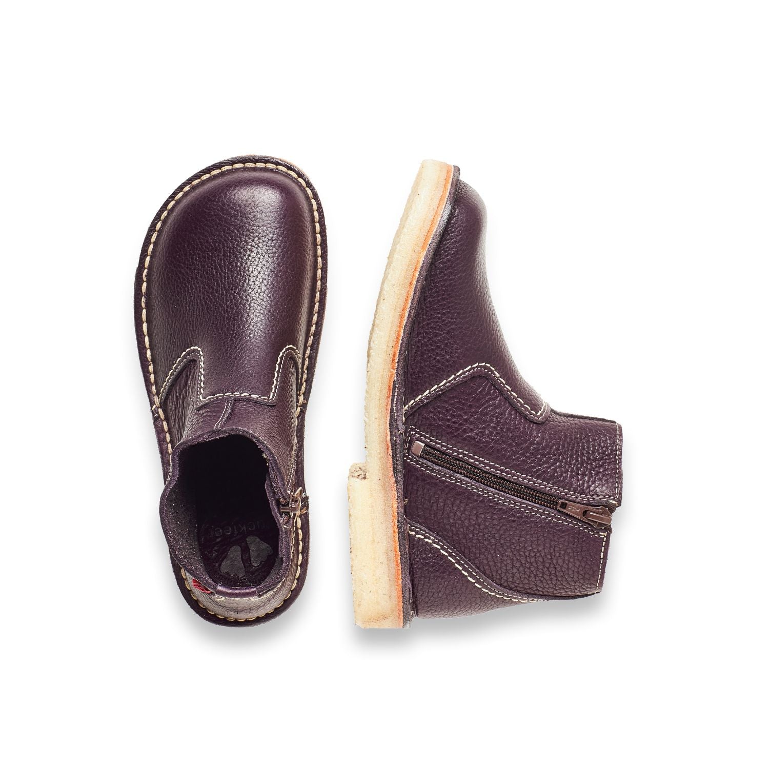 Duckfeet Fredericia Plum zip-up leather ankle boot, top and inner side view on white background