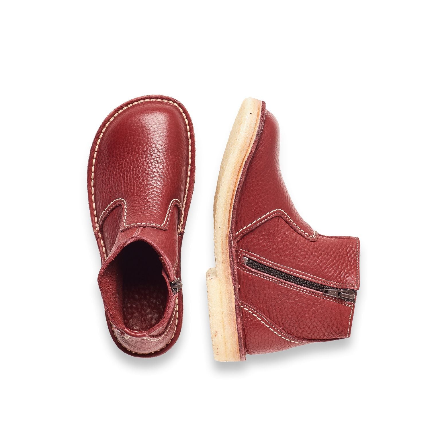 Duckfeet Fredericia Granate zip-up leather ankle boot, top and inner side view on white background
