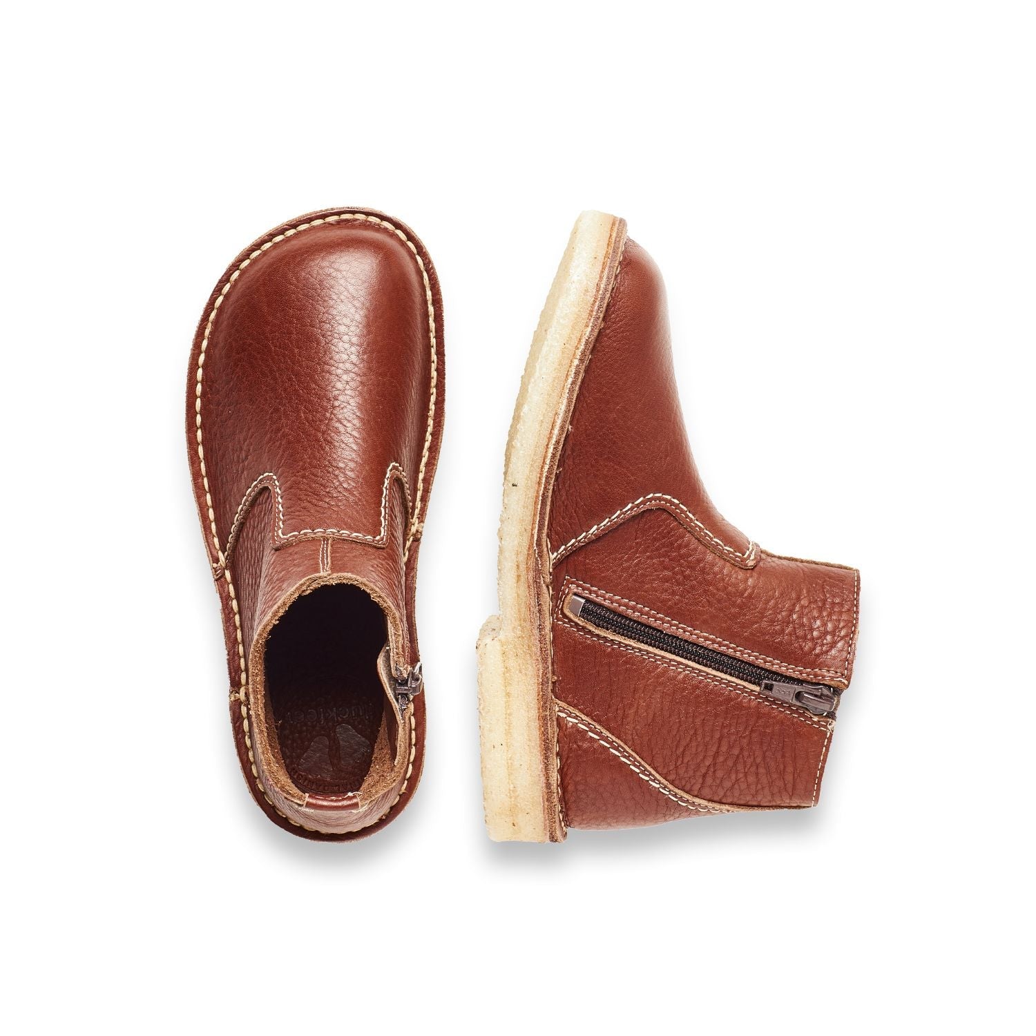 Duckfeet Fredericia Nut zip-up leather ankle boot, top and inner side view on white background