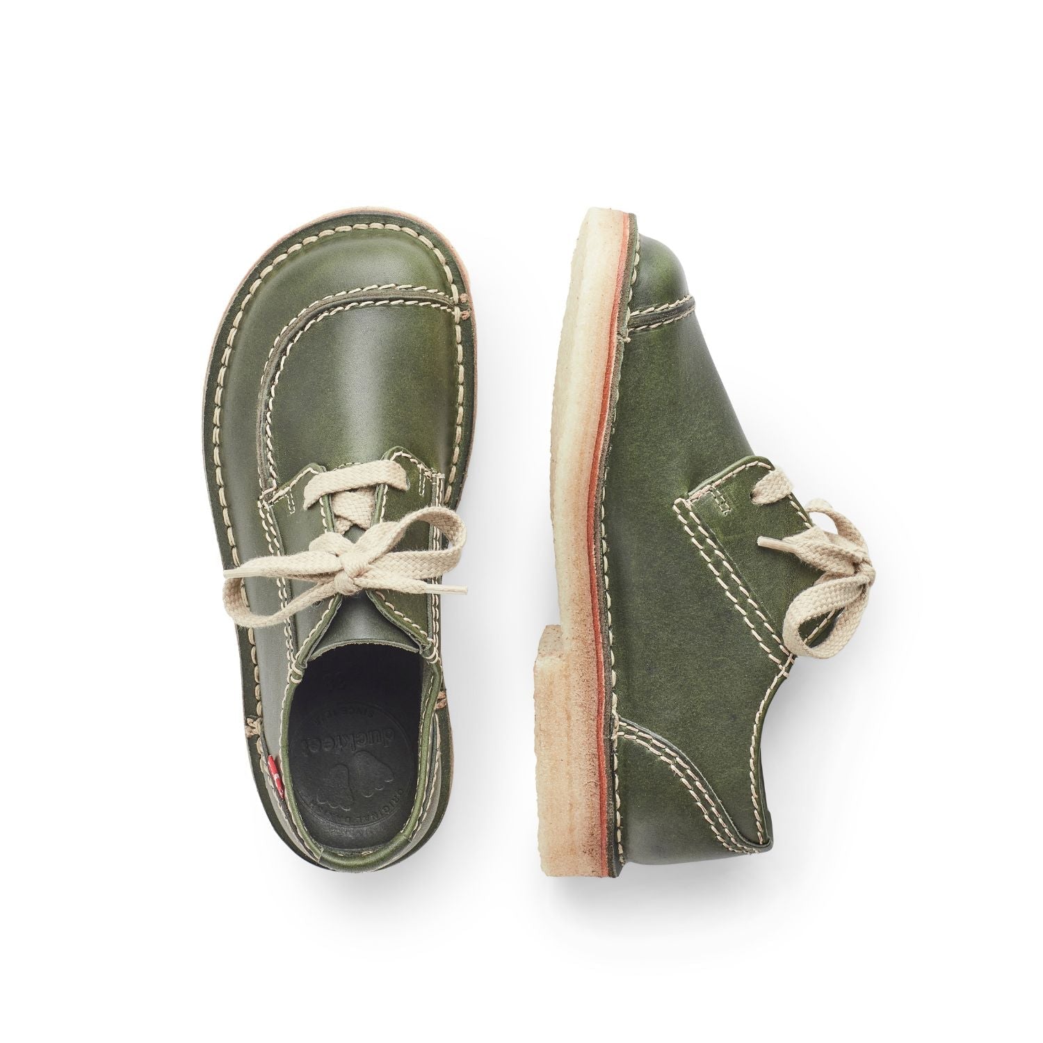 Duckfeet Fyn Forest moc-toe leather derby shoe, top and inner side view on white background