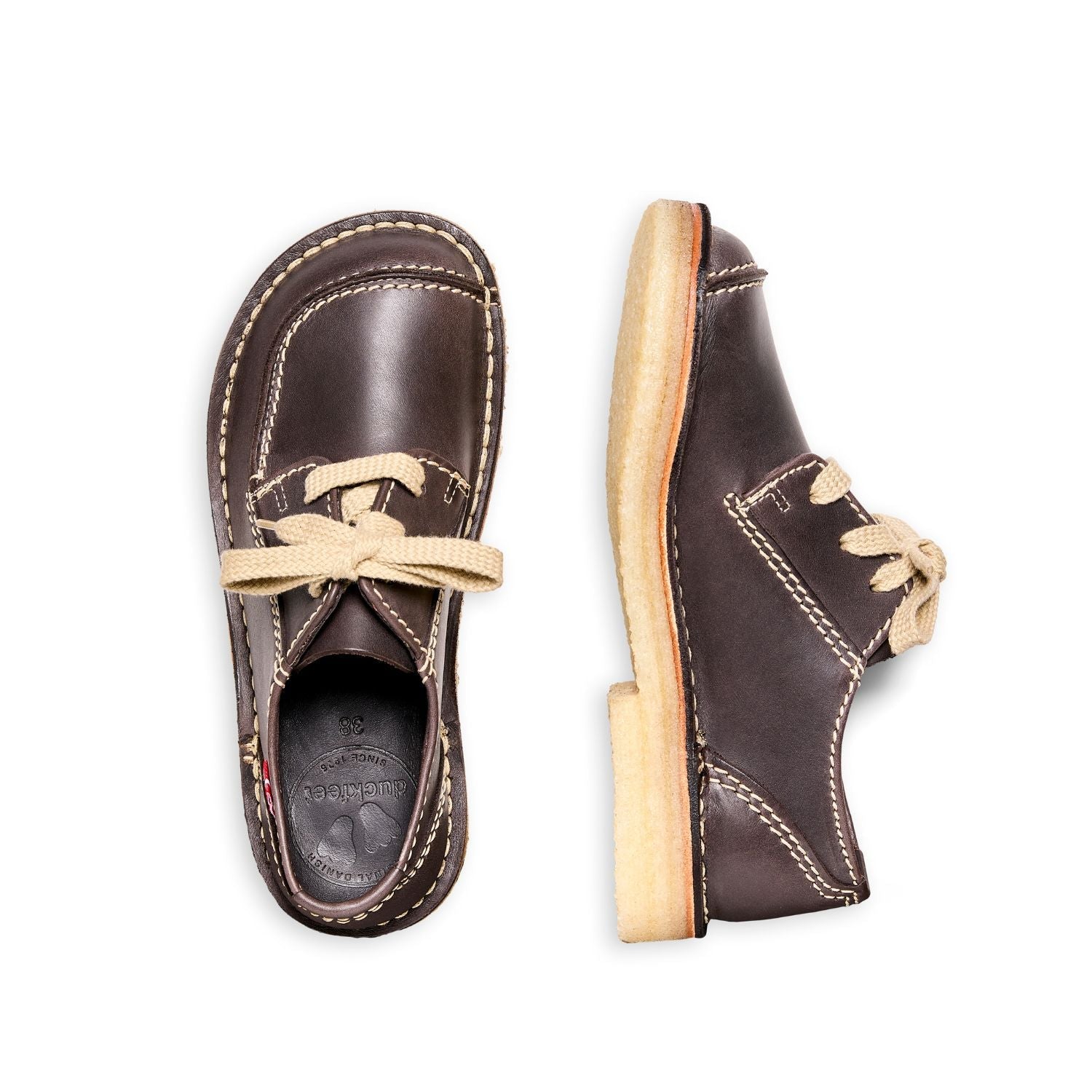 Duckfeet Fyn Slate moc-toe leather derby shoe, top and inner side view on white background