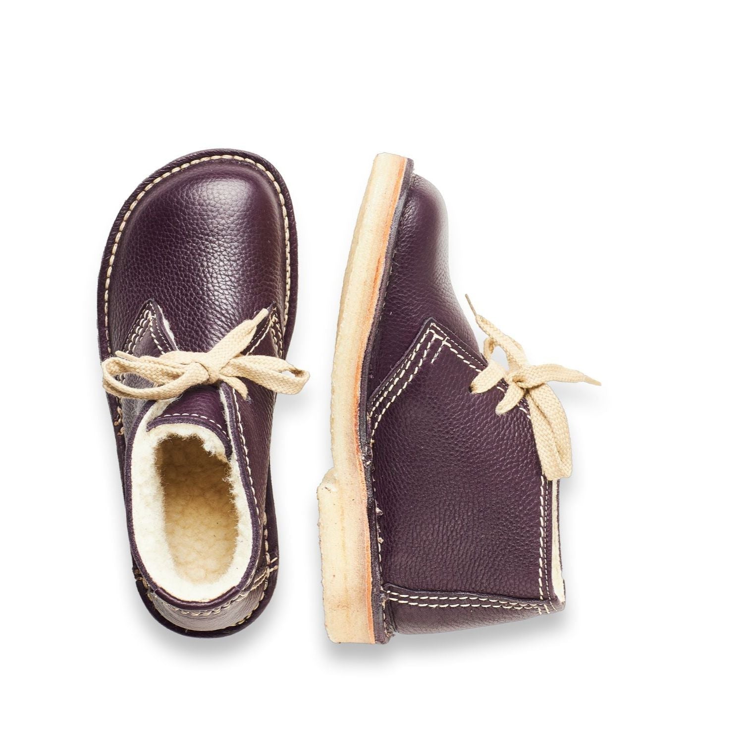 Duckfeet Grenå Plum wool-lined leather ankle boot, top and inner side view on white background