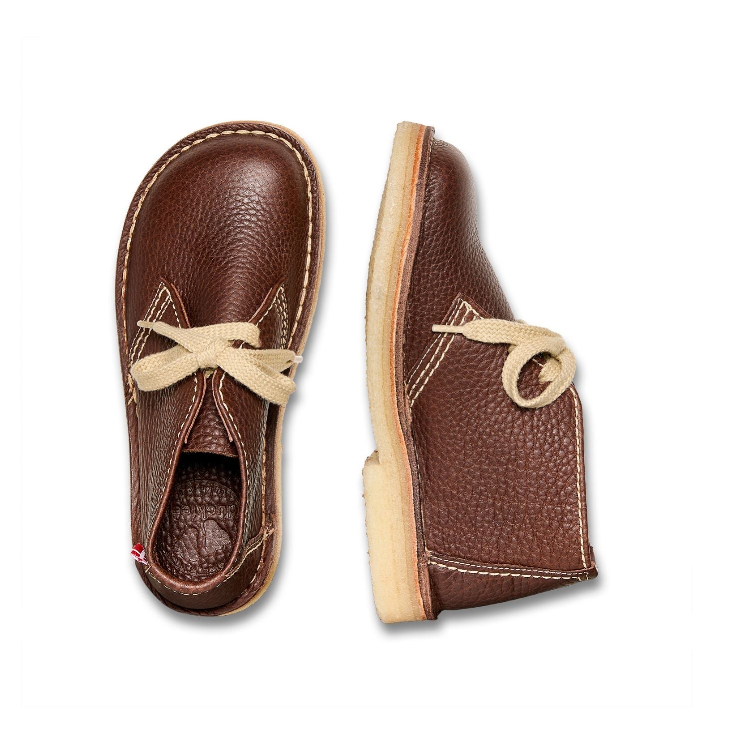 Duckfeet Helsingør Choco leather ankle boot, top and inner side view on white background