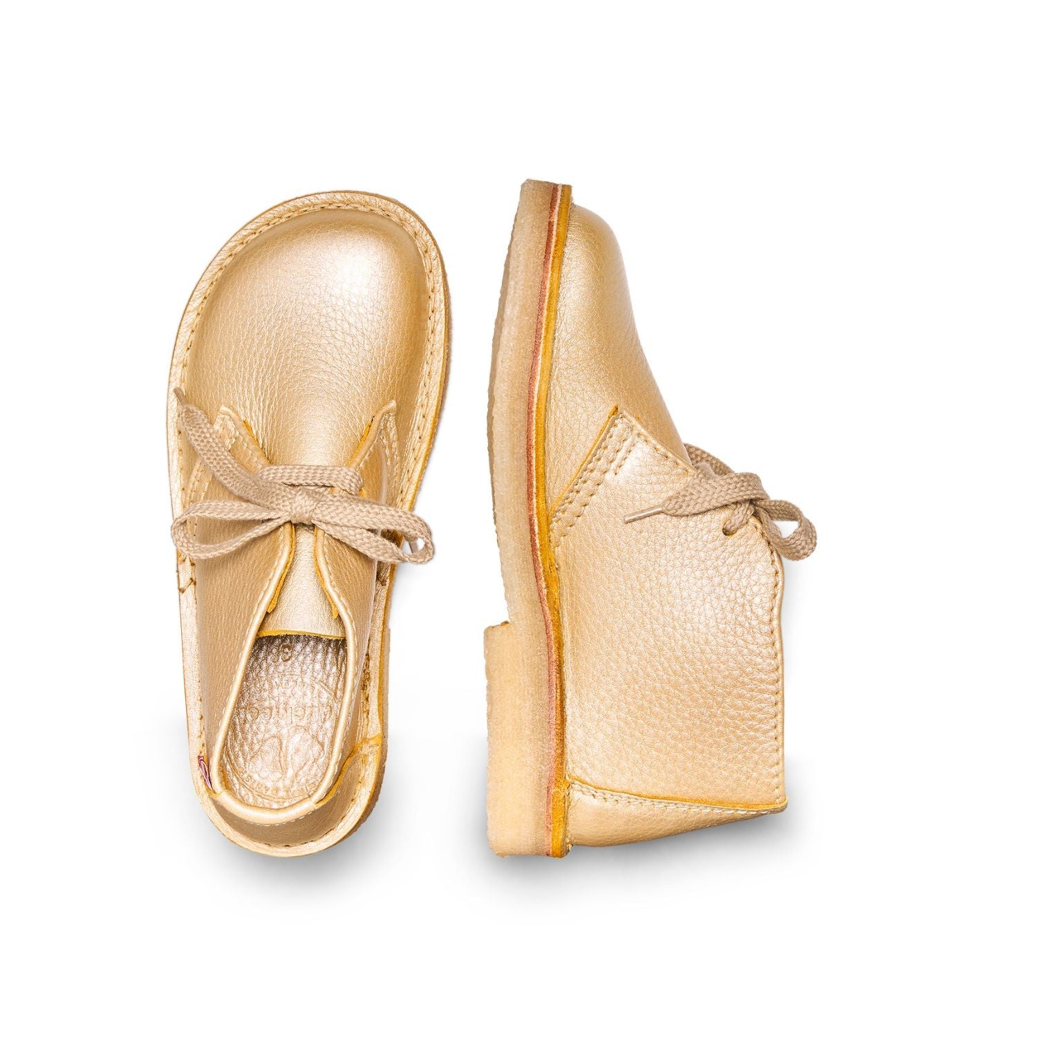 Duckfeet Helsingør Gold leather ankle boot, top and inner side view on white background