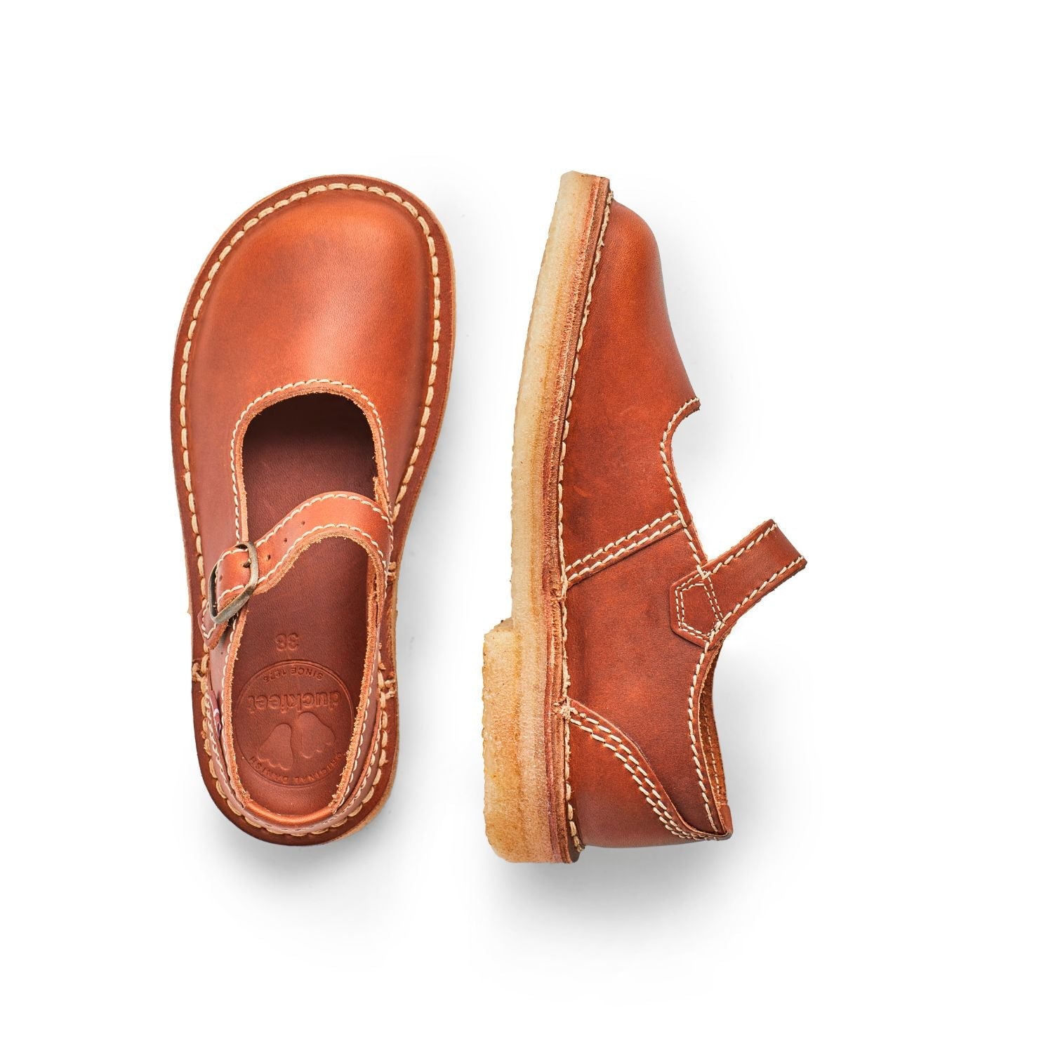 Duckfeet Himmerland Brown leather Mary Jane shoe, top and inner side view on white background