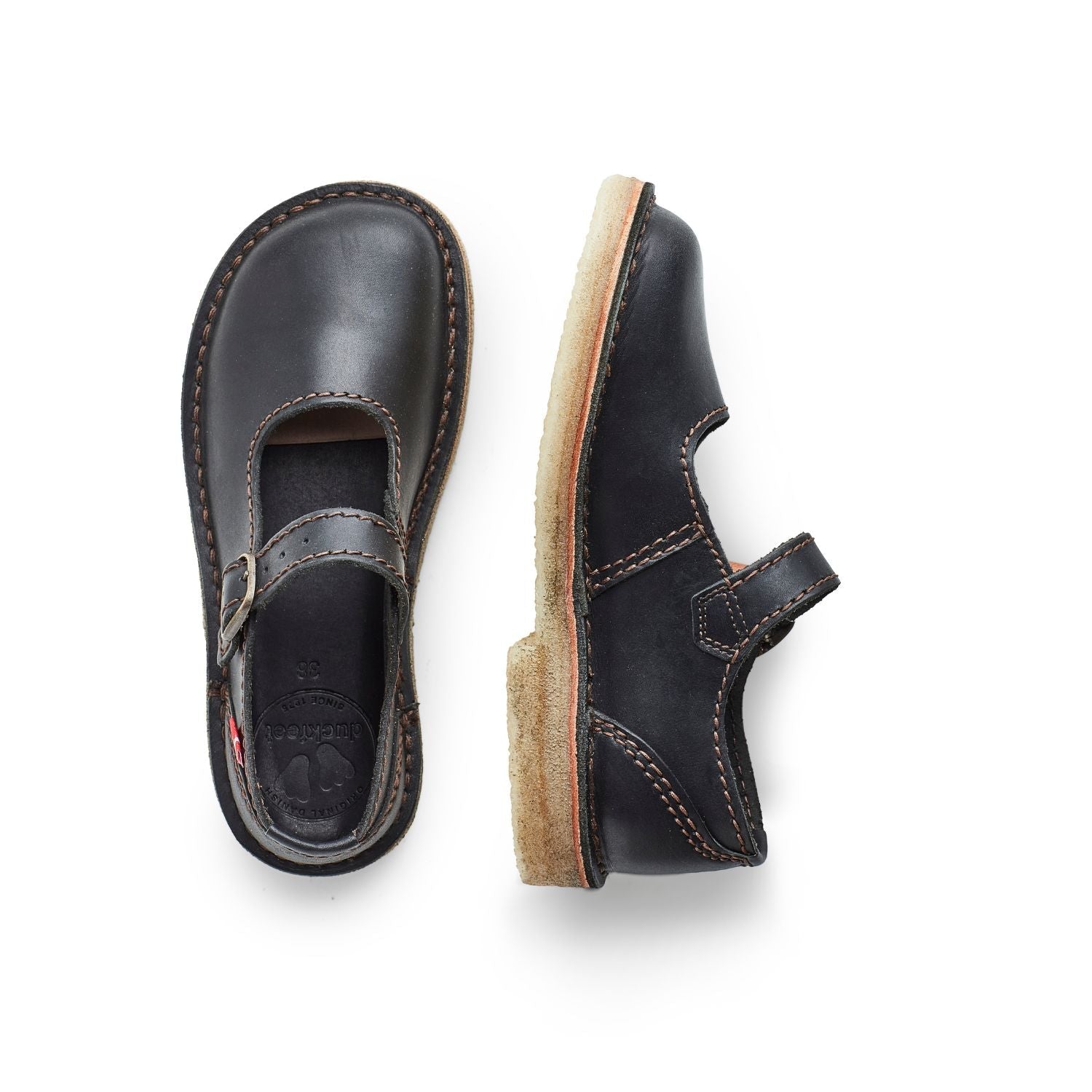 Duckfeet Himmerland Black leather Mary Jane shoe, top and inner side view on white background