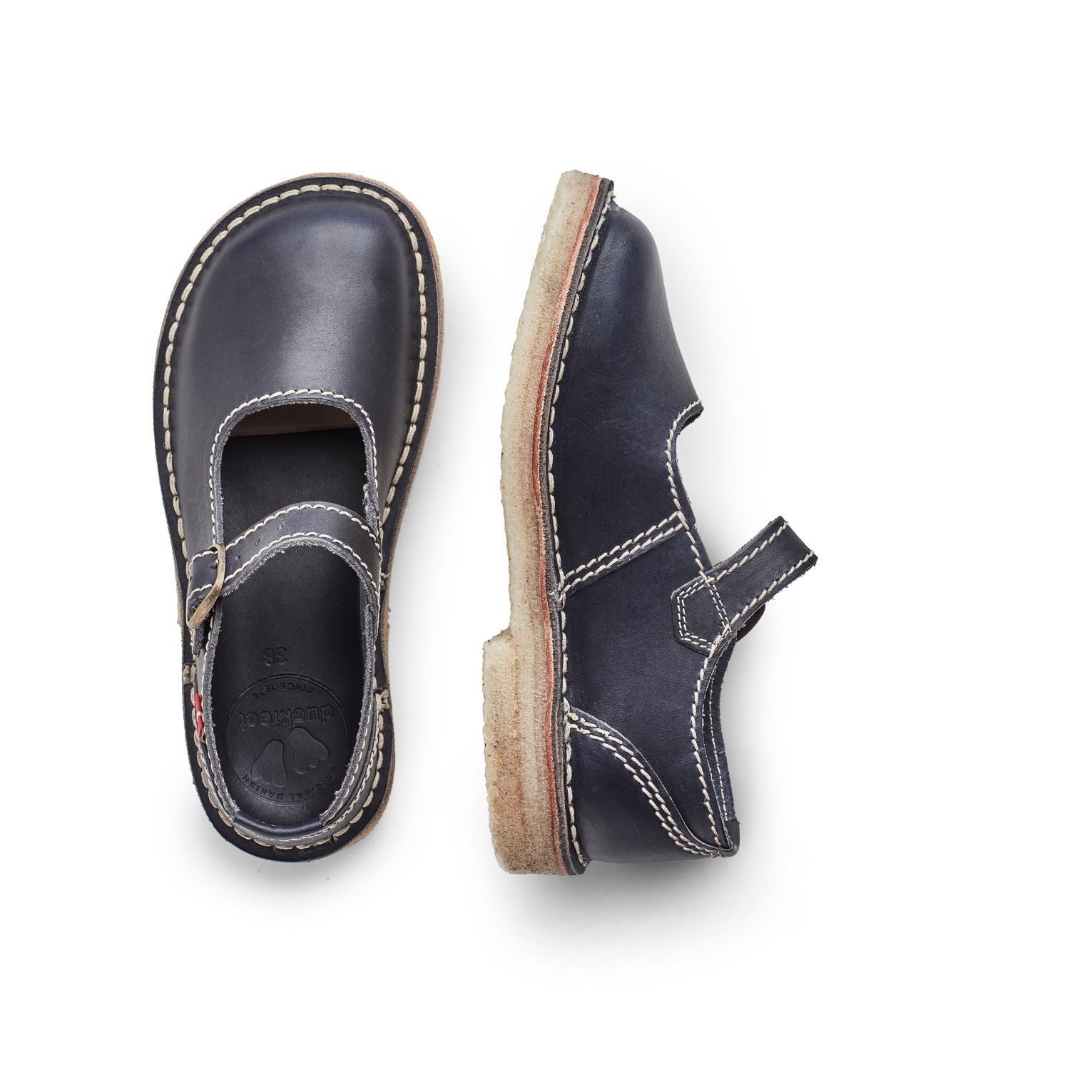Duckfeet Himmerland Blue leather Mary Jane shoe, top and inner side view on white background