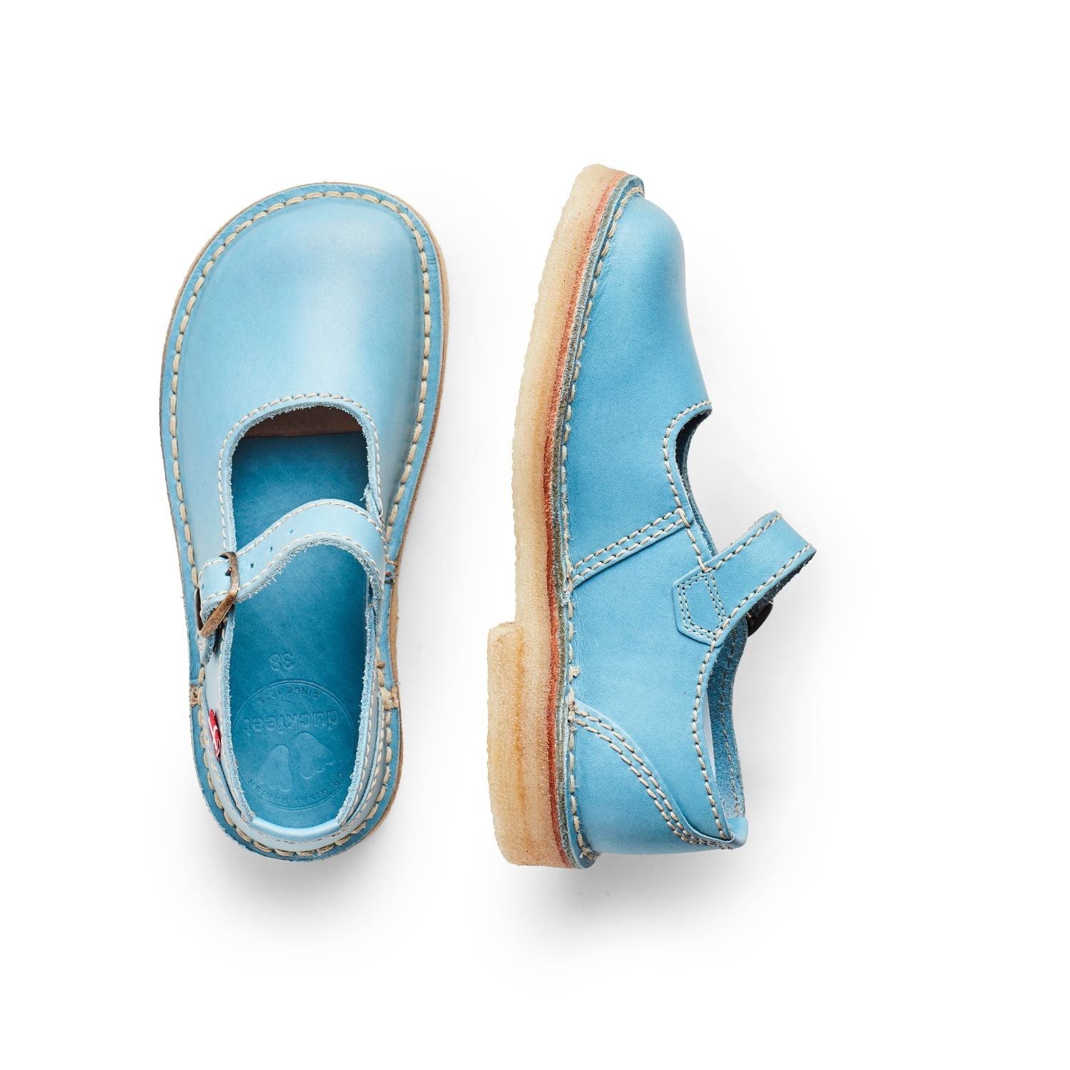 Duckfeet Himmerland Jeans leather Mary Jane shoe, top and inner side view on white background