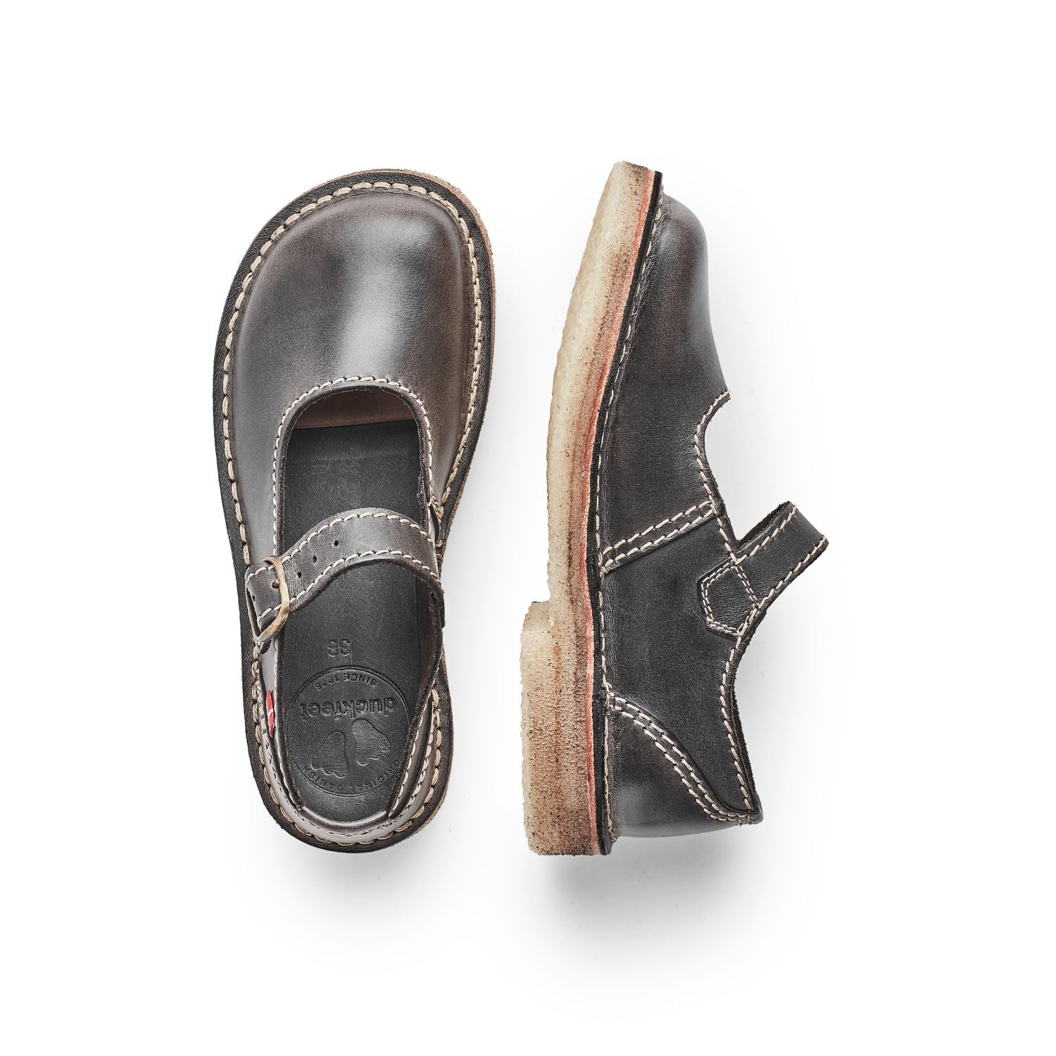 Duckfeet Himmerland Slate leather Mary Jane shoe, top and inner side view on white background