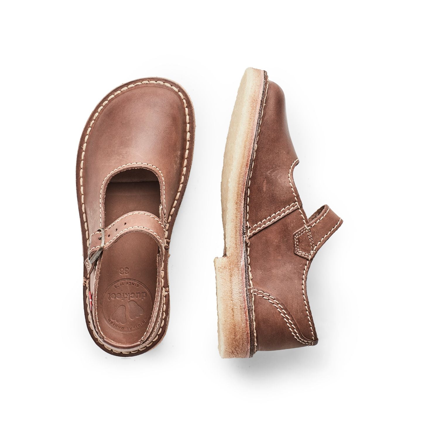 Duckfeet Himmerland Cocoa leather Mary Jane shoe, top and inner side view on white background