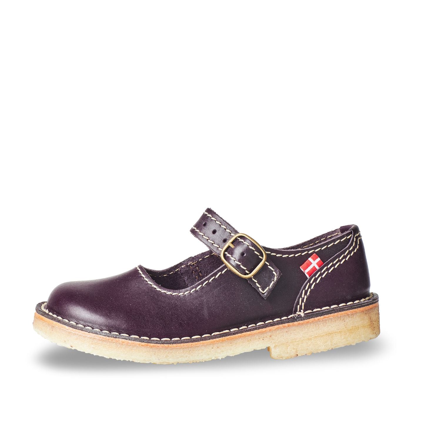 Duckfeet Himmerland Plum leather Mary Jane shoe, outer side view on white background