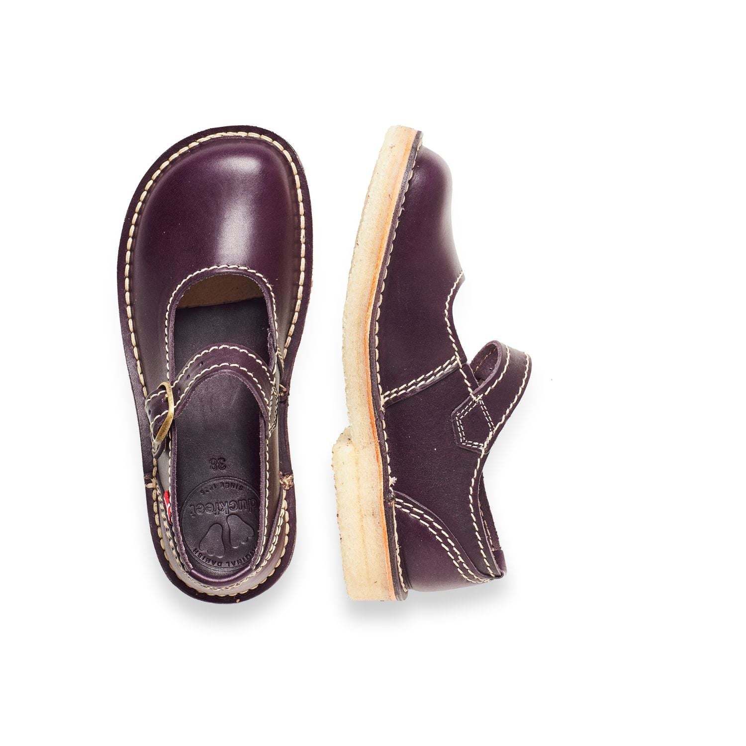 Duckfeet Himmerland Plum leather Mary Jane shoe, top and inner side view on white background