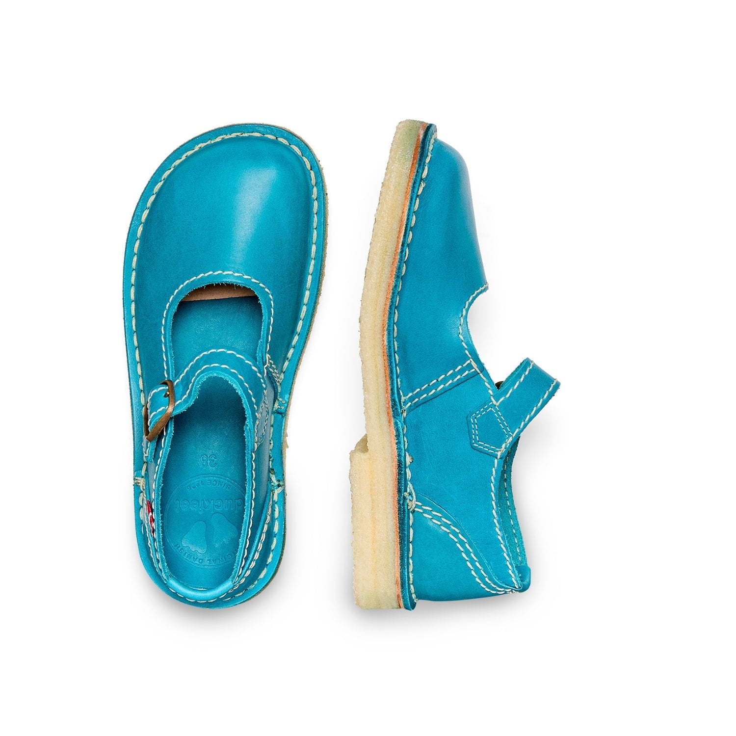 Duckfeet Himmerland Aqua Blue leather Mary Jane shoe, top and inner side view on white background