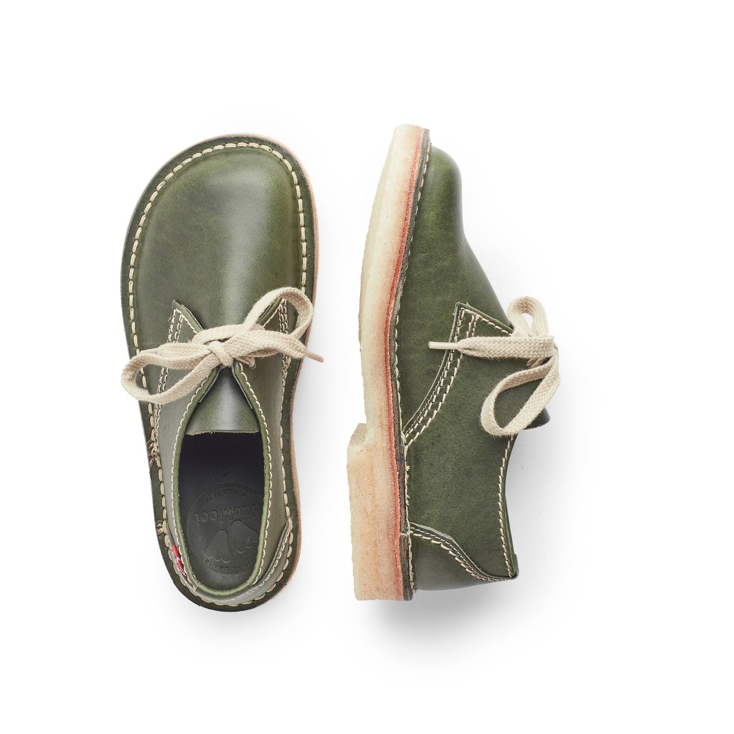 Duckfeet Jylland Forest leather derby shoe, top and inner side view on white background