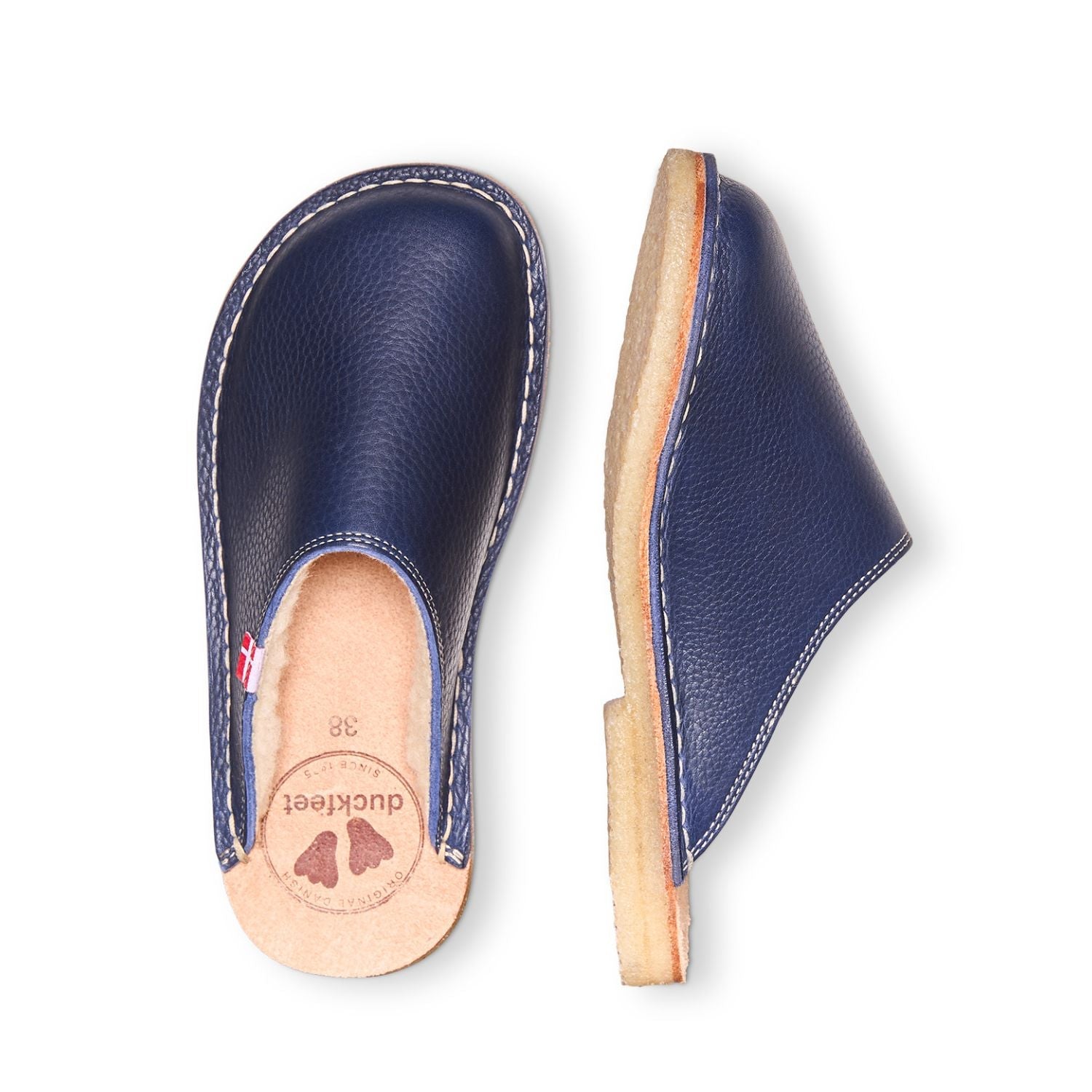 Duckfeet Klitmøller Royal Blue wool-lined leather slipper, top and inner side view on white background