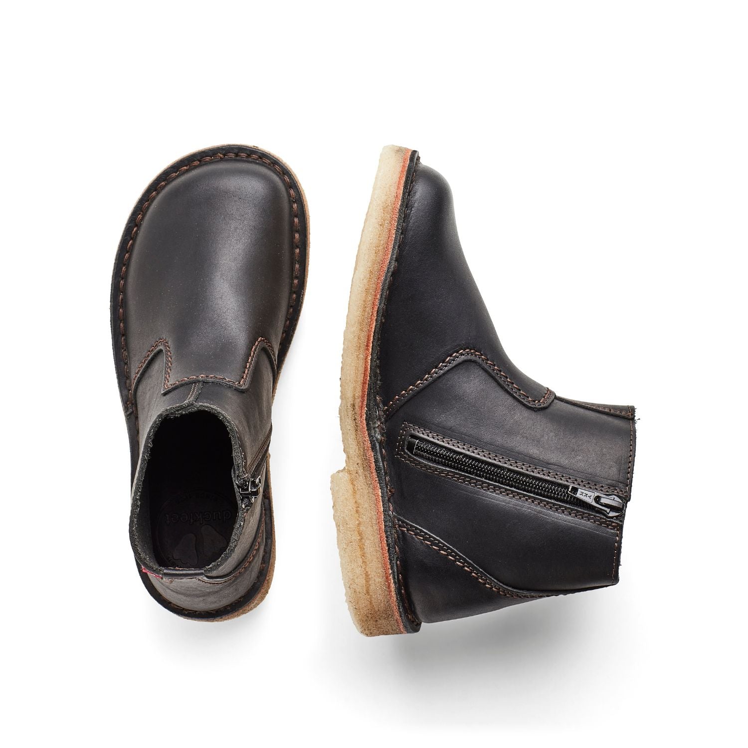 Duckfeet Korsør Black zip-up leather ankle boot, top and inner side view on white background