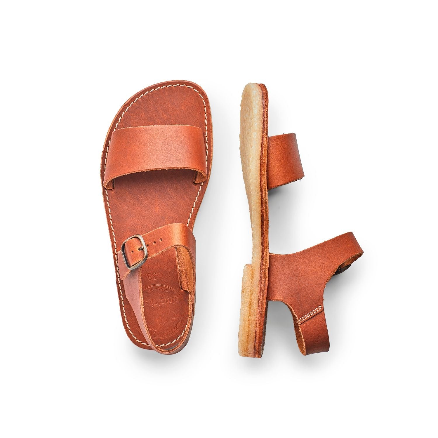 Duckfeet Løkken Brown ankle-strap leather sandal, top and inner side view on white background