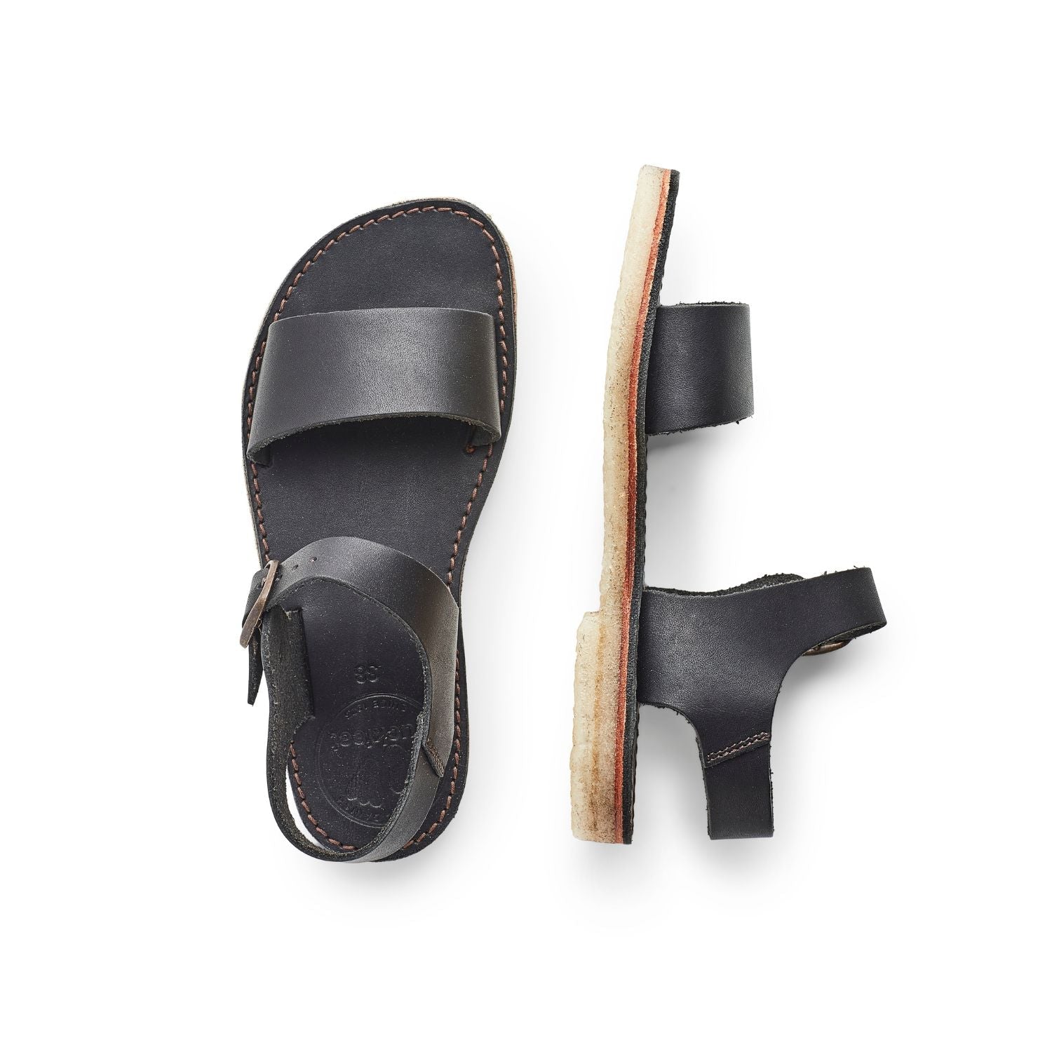 Duckfeet Løkken Black ankle-strap leather sandal, top and inner side view on white background