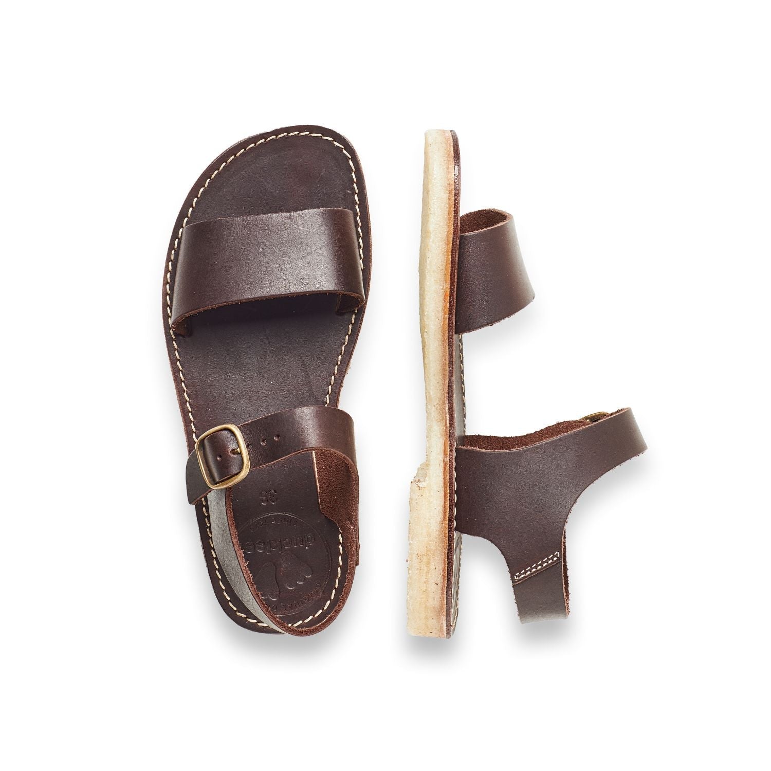 Duckfeet Løkken Choco ankle-strap leather sandal, top and inner side view on white background