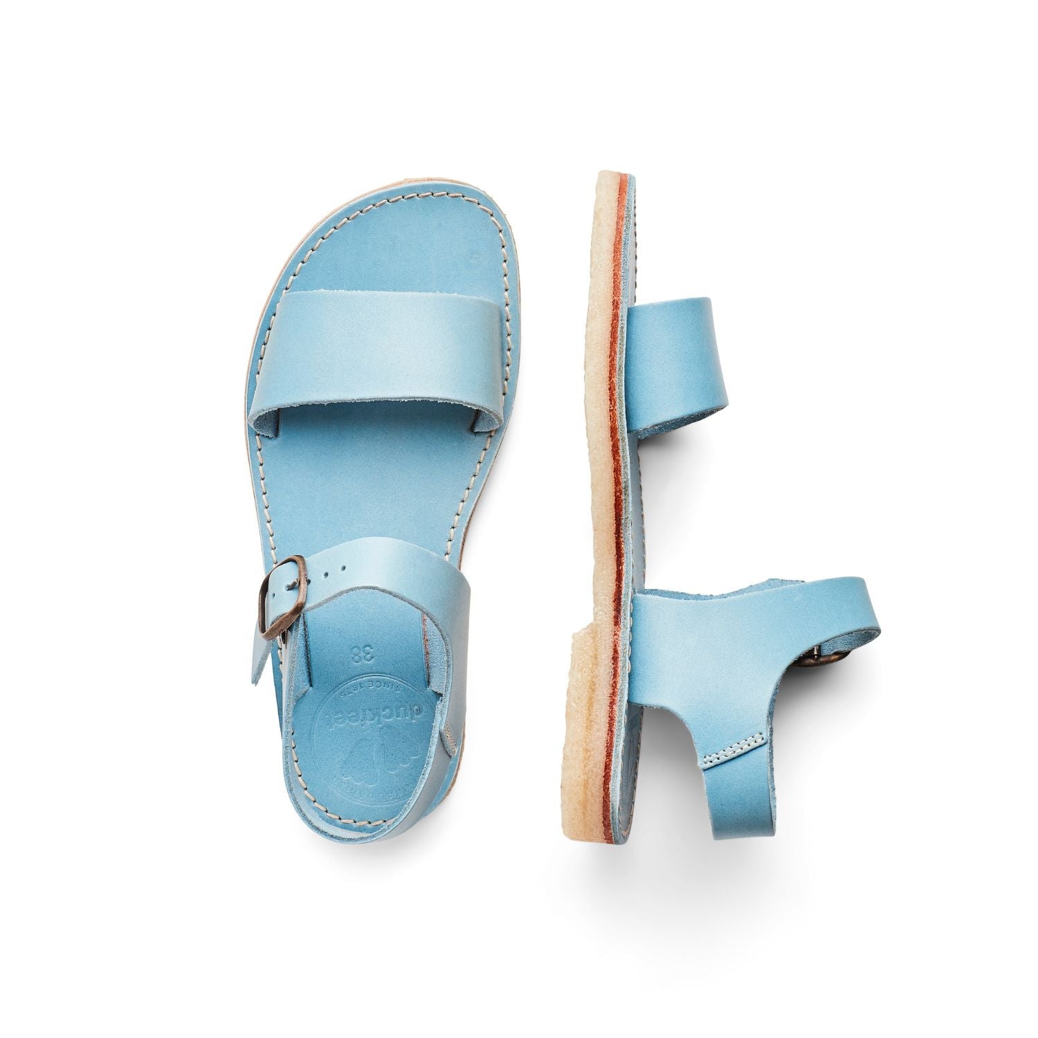 Duckfeet Løkken Jeans ankle-strap leather sandal, top and inner side view on white background