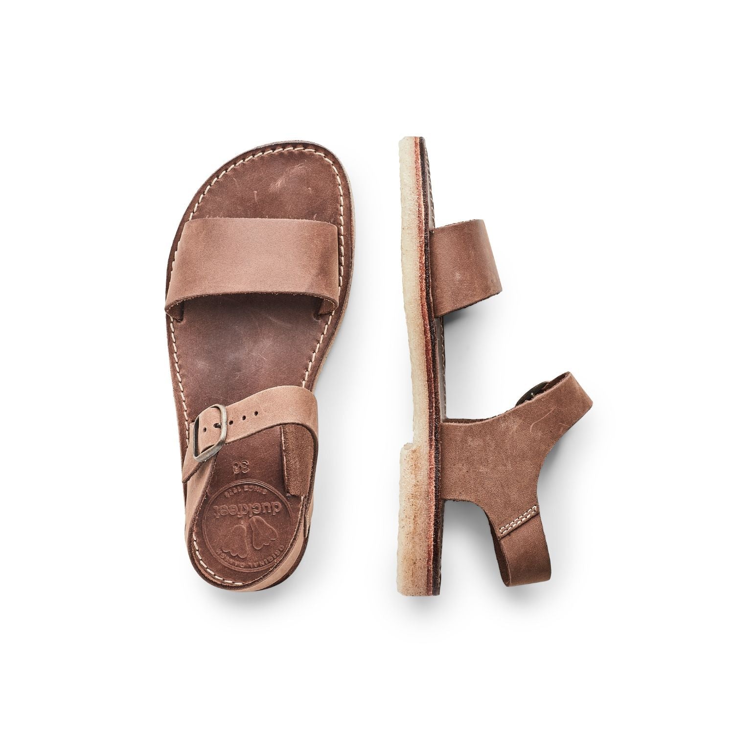Duckfeet Løkken Cocoa ankle-strap leather sandal, top and inner side view on white background